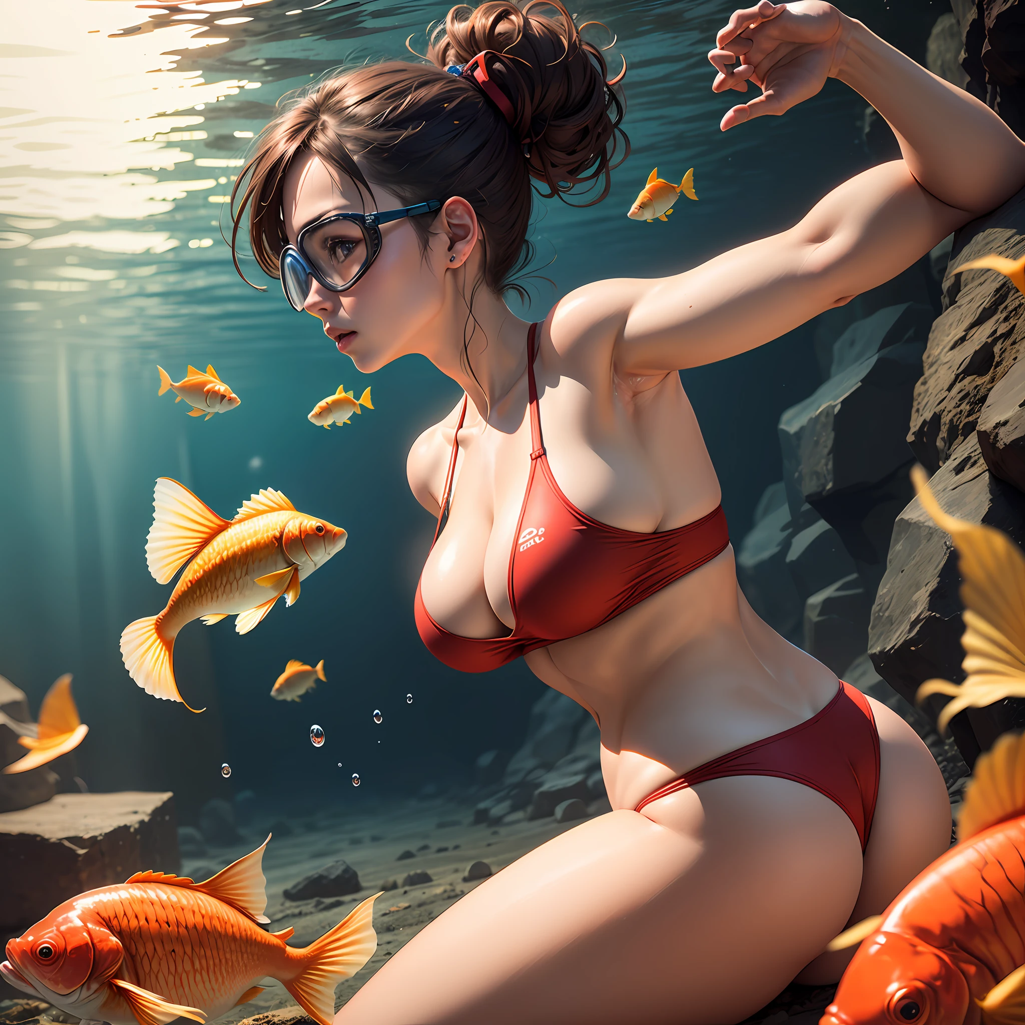 (extremely realistic CG unity 8k wallpaper, masterpiece, best quality, ultra real), (best lighting), woman diving, perfect body, big breasts, décolletage, oxygen bottle, bubbles, diving goggles, red swimsuit, view from behind, corals, goldfish, photo, photographs, real, --auto