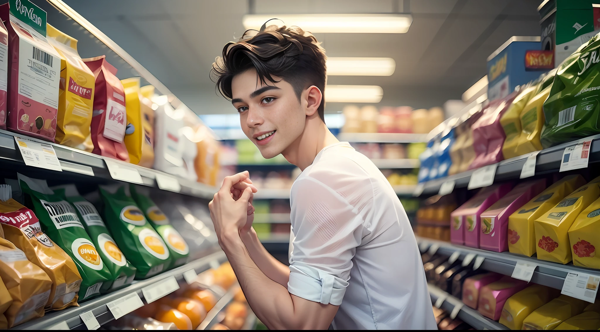 Inside the supermarket, a young man with a happy expression, rubbing his shoulders, wearing a white shirt and jeans