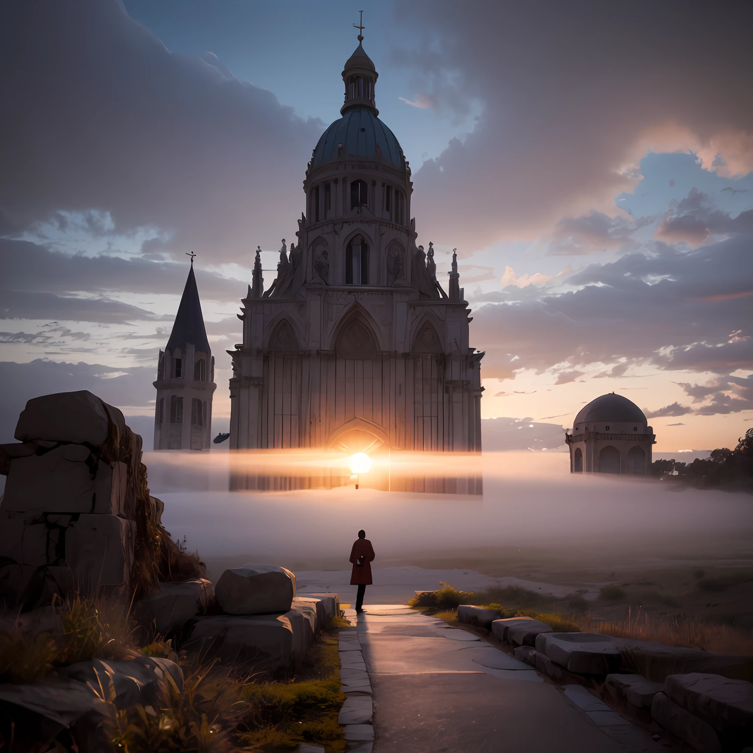 Faith, oversized scene, outdoor, dusk, atmospheric fog, ancient world concept, confrontation --auto