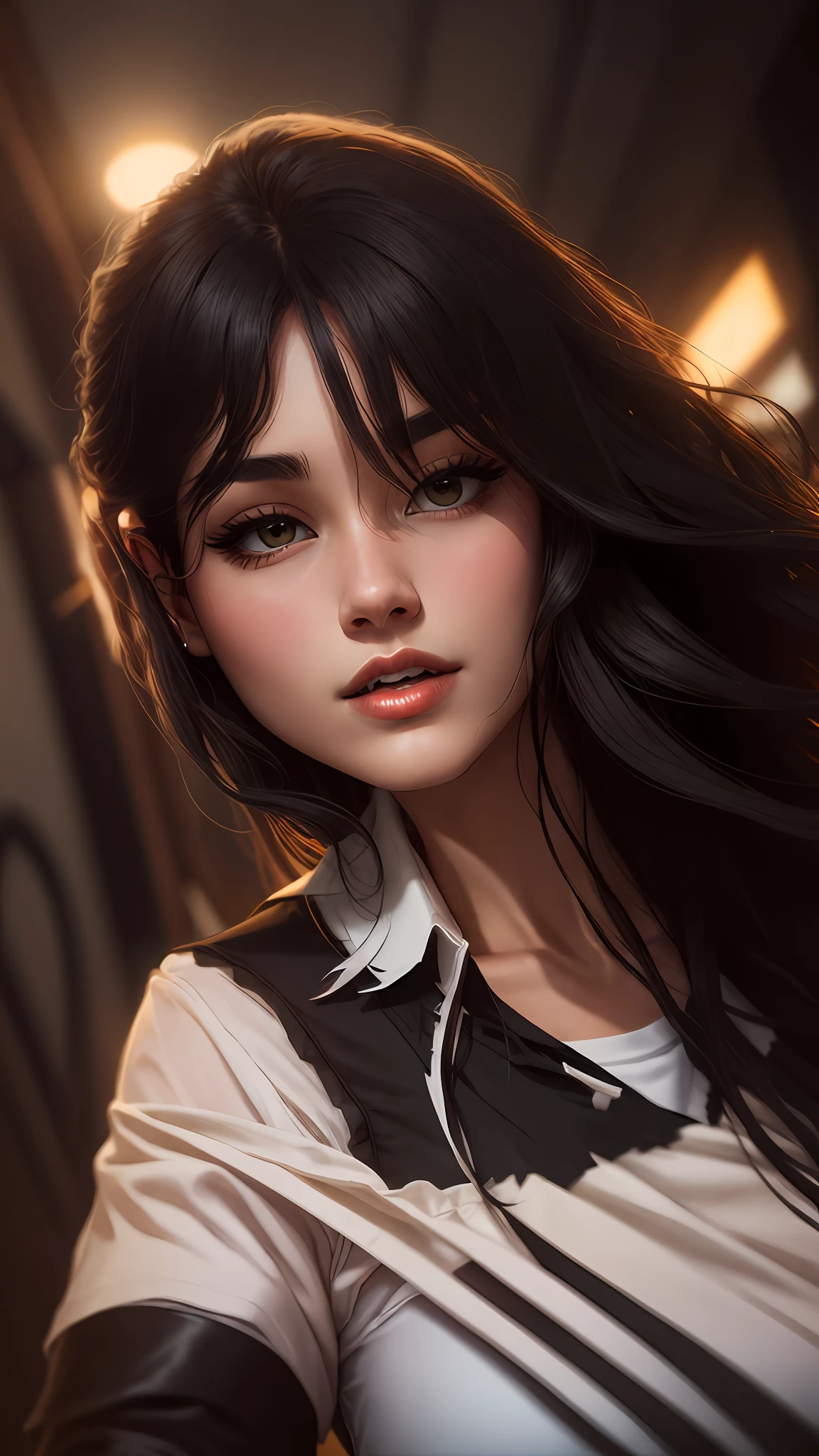 Beautiful woman detailed defined body,long black hair,white,black shirt,texture quality,and 4k quality