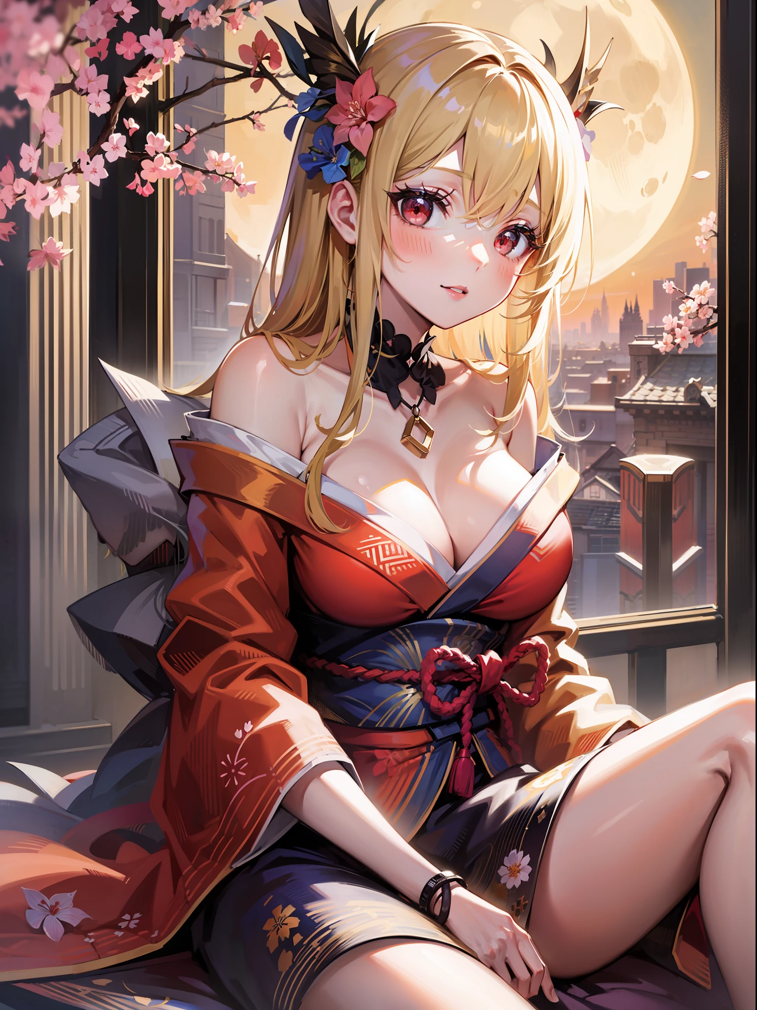 anime girl, blonde, red eyes, kimono, off-shoulder, sitting, moon, cherry blossom, night