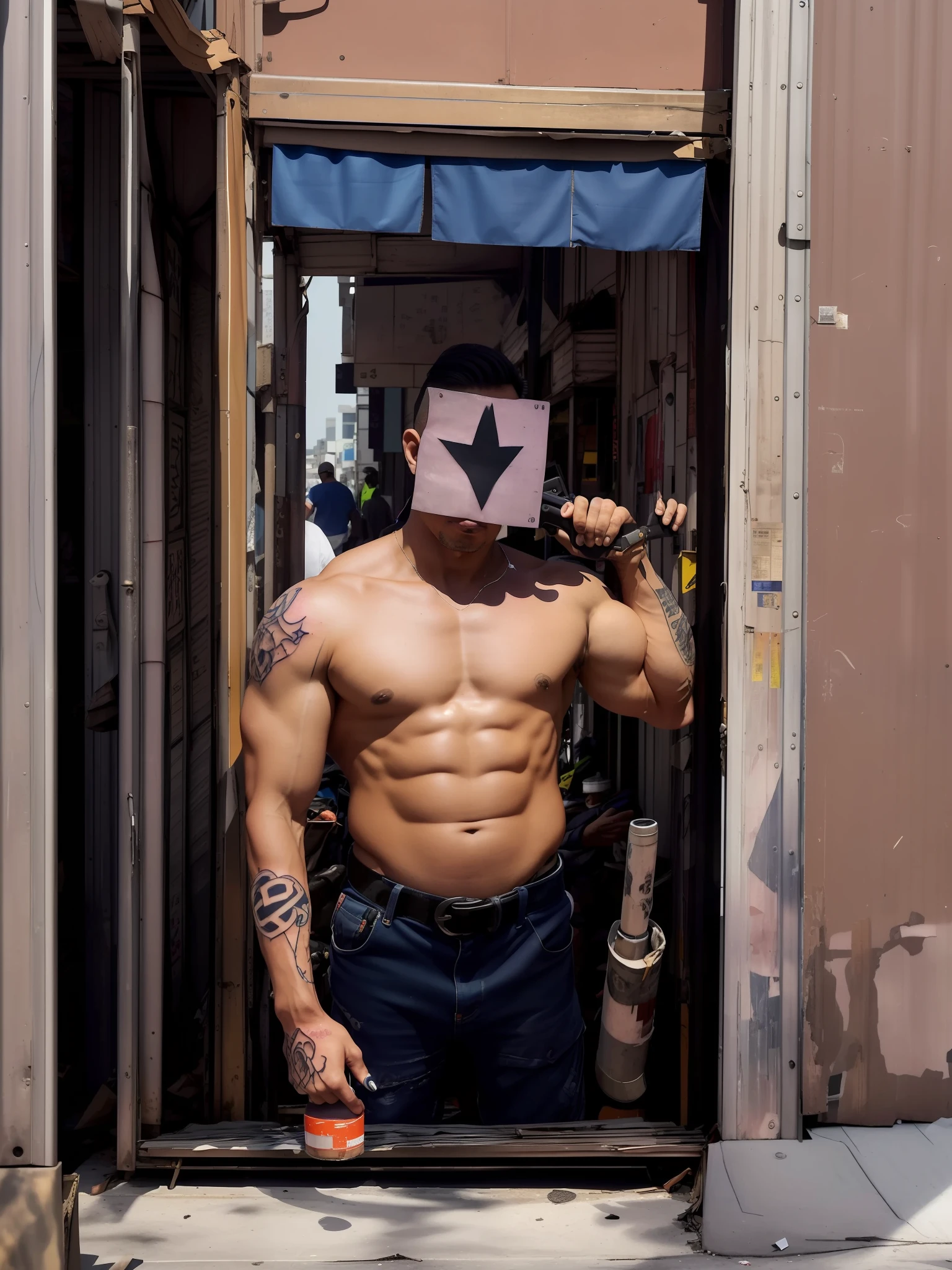 masterpiece, best quality, highres, 1man, on the street, gloomy, (metal steel building:1.1), focus on background, upper body, strong taiwanese man, (large arms tattoo:1.4), gangster, shirt, tank top, holding weapon, (pistol:1.3), A variety of signs on the road in Taiwan, many motorcycles parked on sidewalk, buildings made of corrugated metal, dirty trash,