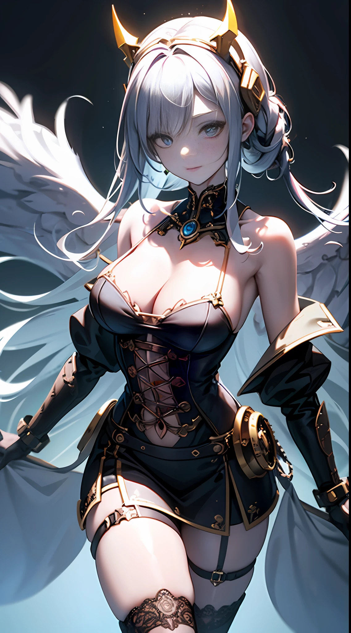 Wizard girl. ((Best quality)), ((masterpiece)), (detailed:1.4), 3D, Dynamic Action Pose, Invoke Magic, Mechanical Magic Weapons, very slender long legs, lace stockings on the knee, steampunk headgear, fluttering lace flared mini skirt, off-shoulder fashion with a fusion of detailed and intricate steampunk and detailed gothic ta, upward and beautiful small breasts, Clean long silver hair, long vertical curly hair, wind driven, futuristic complex steampunk factory background, infinite dark universe, flying celestial bodies, countless celestial neon lights raining down from the heavens, cinematic lighting,,HDR (High Dynamic Range),Ray Tracing,NVIDIA RTX,Super-Resolution,Unreal 5,Subsurface scattering,PBR Texturing,Post-processing,Anisotropic Filtering,Depth-of-field,Maximum clarity and sharpness,Multi-layered textures,Albedo and Specular maps,Surface shading,Accurate simulation of light-material interaction,Perfect proportions,Octane Render,Two-tone lighting,Wide aperture,Low ISO,White balance,Rule of thirds,8K RAW,