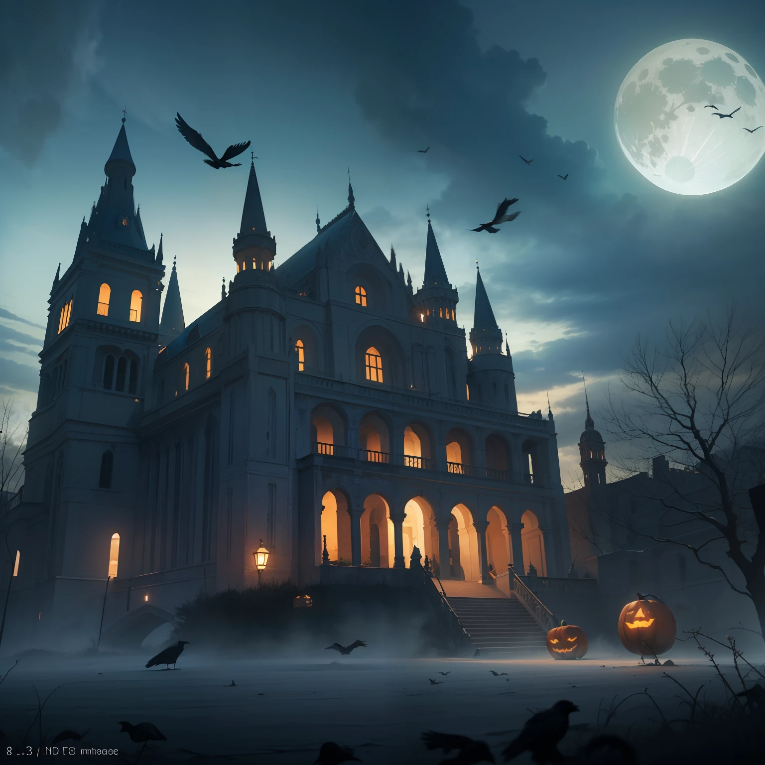 (8k, RAW photo, best quality, masterpiece: 1.2), (realistic, photo-realistic: 1.37)
A palace in a deserted place, dark, moonlight, crows flying, and black trees with terrifying pumpkins underneath.