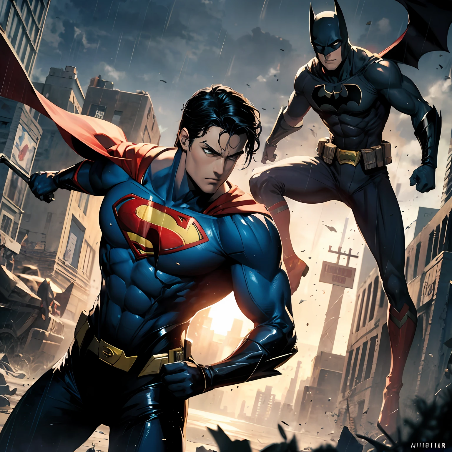 Superman, Batman, Duo, Battle, Oil Painting, Ruins Background, Dark, Rainy, Courageous Action, Battle Damage Costume --auto