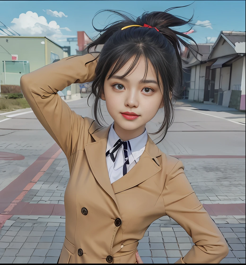 Anime character with black hair and brown coat pointed to the camera, anime girl named Lucy, inspired by Ryusaburo Umehara, Rumiko, anime style", as an anime character, inspired by Yunichi Hiratsuka, Kagekyo Killer Reborn, from the Hidden Academy, inspired by Munakata Shimitsu, big brown eyes, hair tied up, red headband, pursed lips, smile, red silk tie knot