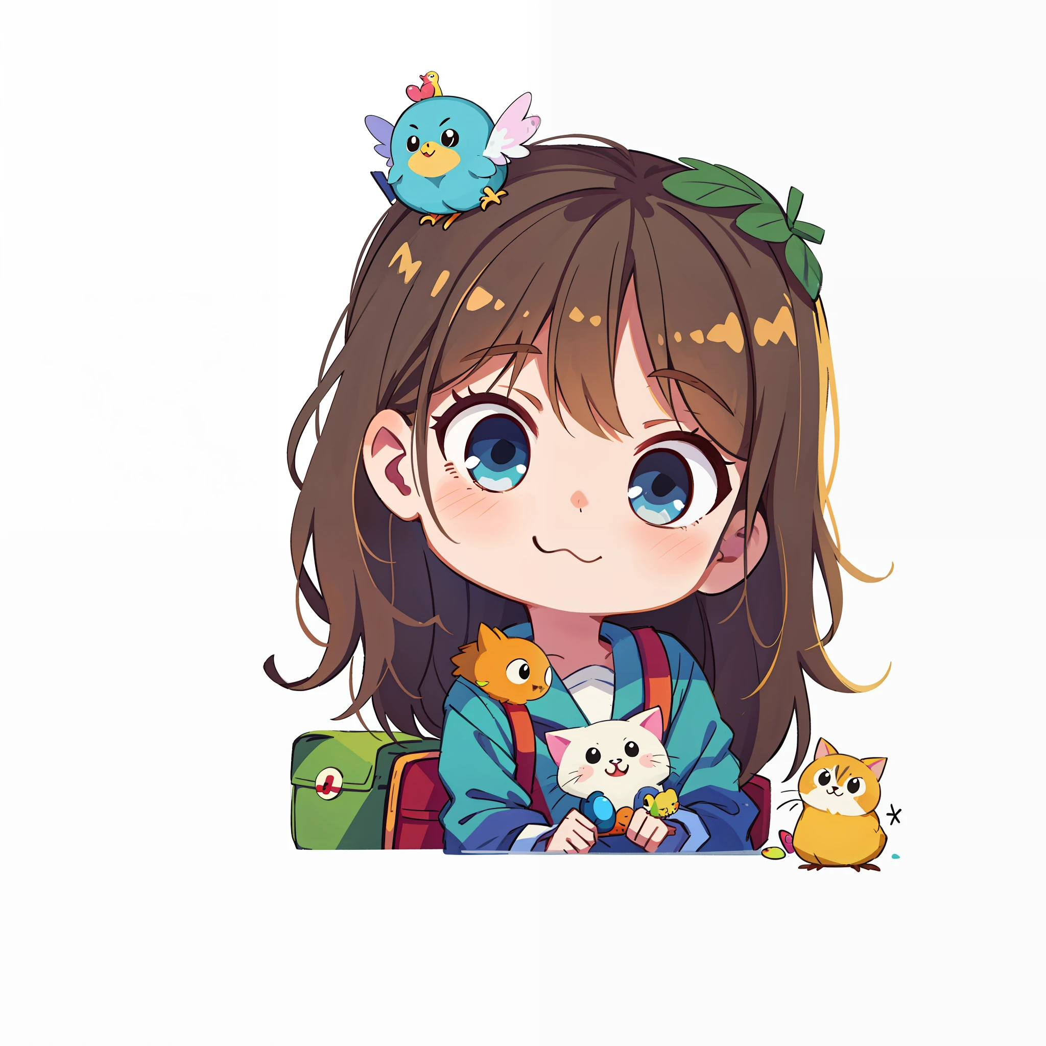 a cartoon girl with a bird on her head and a cat on her shoulder, cute digital art, cartoonish cute, extremely cute anime girl face, cute art style, cute anime style, cute detailed digital art, cute cartoon, cute kawaii girl, cute anime face, realistic cute girl painting, anime background, cute cartoon style, cute anime girl, cute anime girl portrait