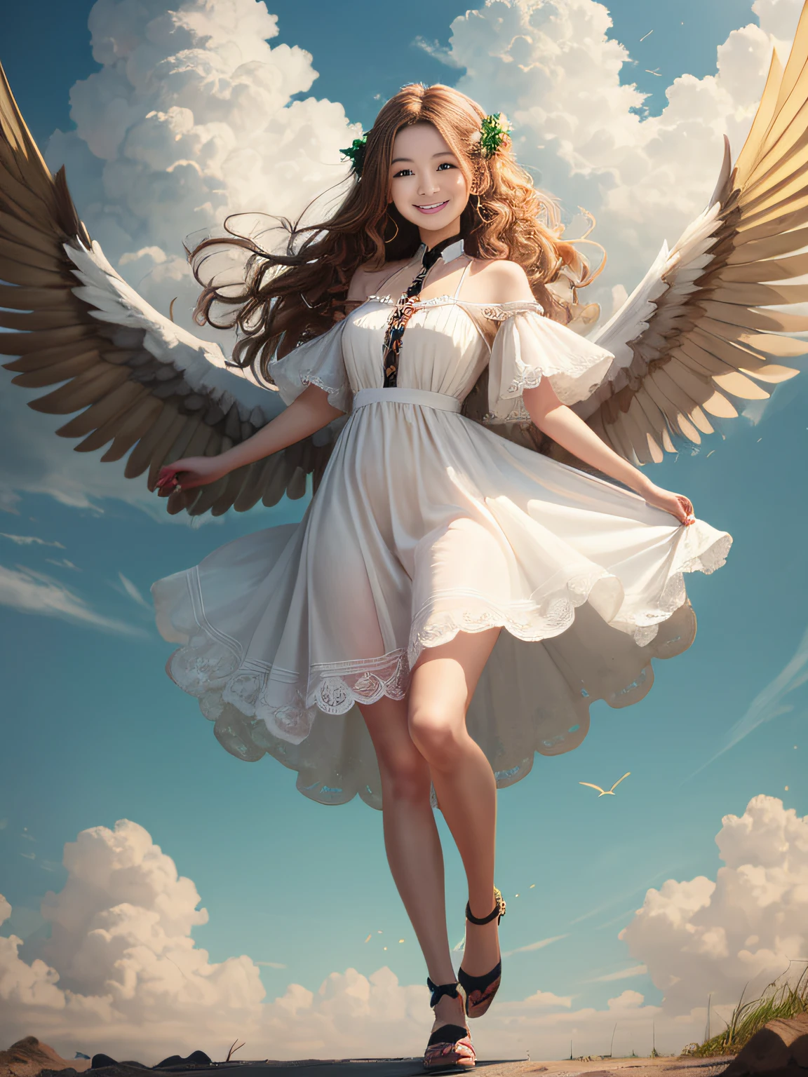A girl with a pair of wings in the sky, smiling, white dress, green eyes, long golden curly hair, clouds around her, full body, colorful, masterpiece, best quality, （小胸），一只手拿着魔法棒