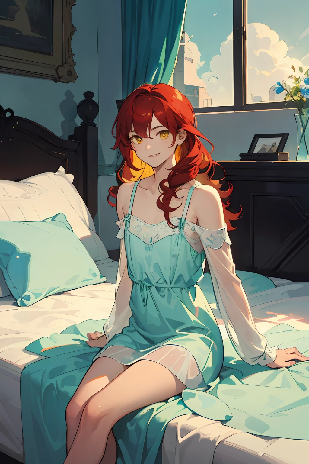 Masterpiece, best quality, 1 male, teenager, delicate eyes, intricate details, rich movements, delicate skirt, modern, interior, bedroom, sitting on bed, minimalist decoration, dusk, dim, silk nightdress, nudity, light clothing, long curly red hair, yellow eyes, smile, gentle smile, sky blue, light green