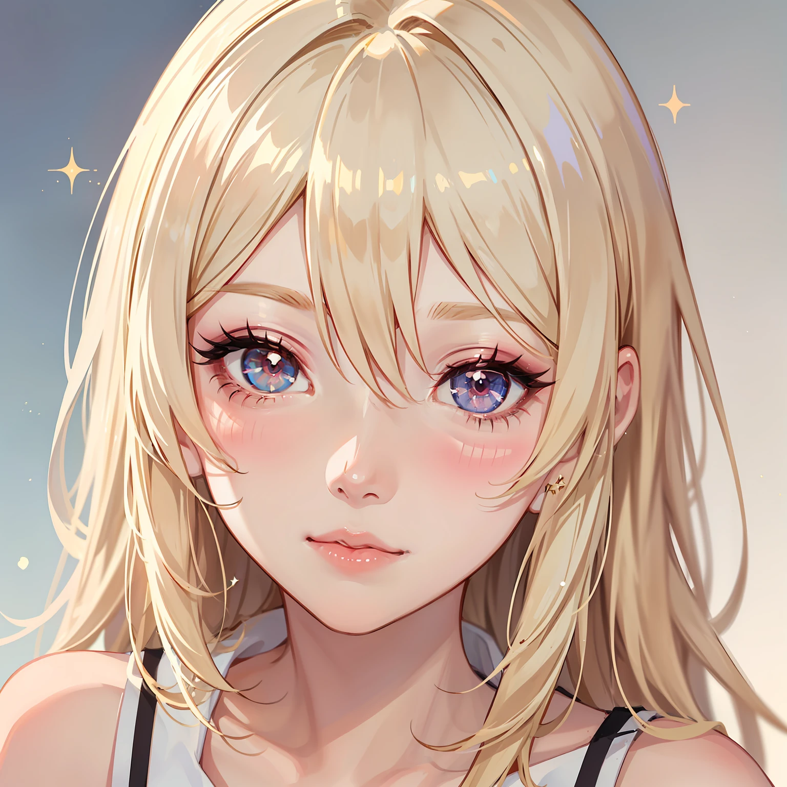 anime girl with blonde hair, Aegyo-sal, eyebags, makeup, blush, blush nose, glitter makeup on eyes, perfect anime face, semi - realistic anime, detailed anime soft face