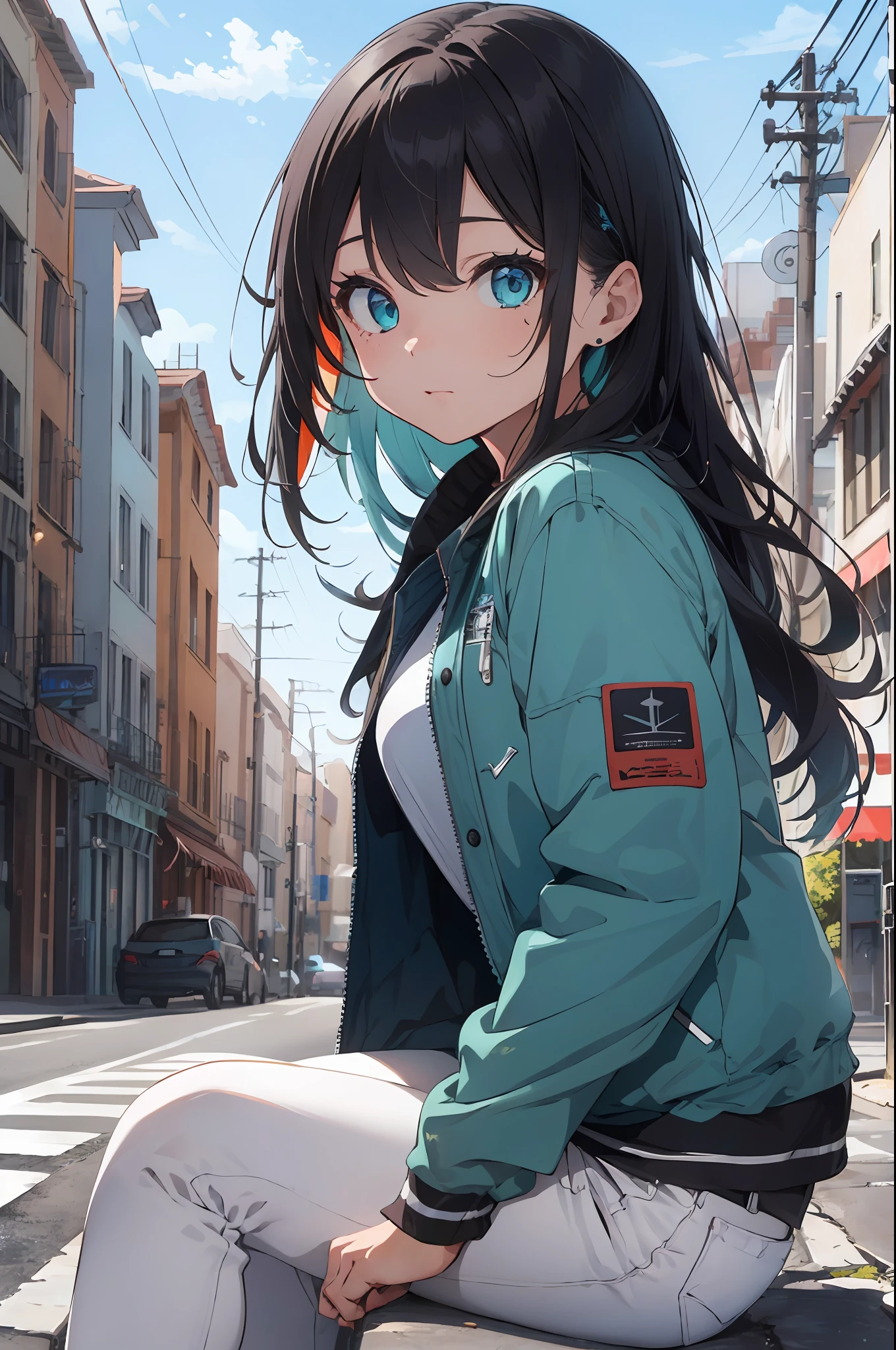 best quality, 4K wallpaper, masterpiece, extremely detailed CG unity 8k wallpaper, extremely detailed eyes, ultra-detailed, intricate details, 1girl,  Kobo, Multicolored hair, long hair, Aqua eyes, Jacket, white pants, character art style, retro art style,  public, outdoors, sitting, car, road sign, city,