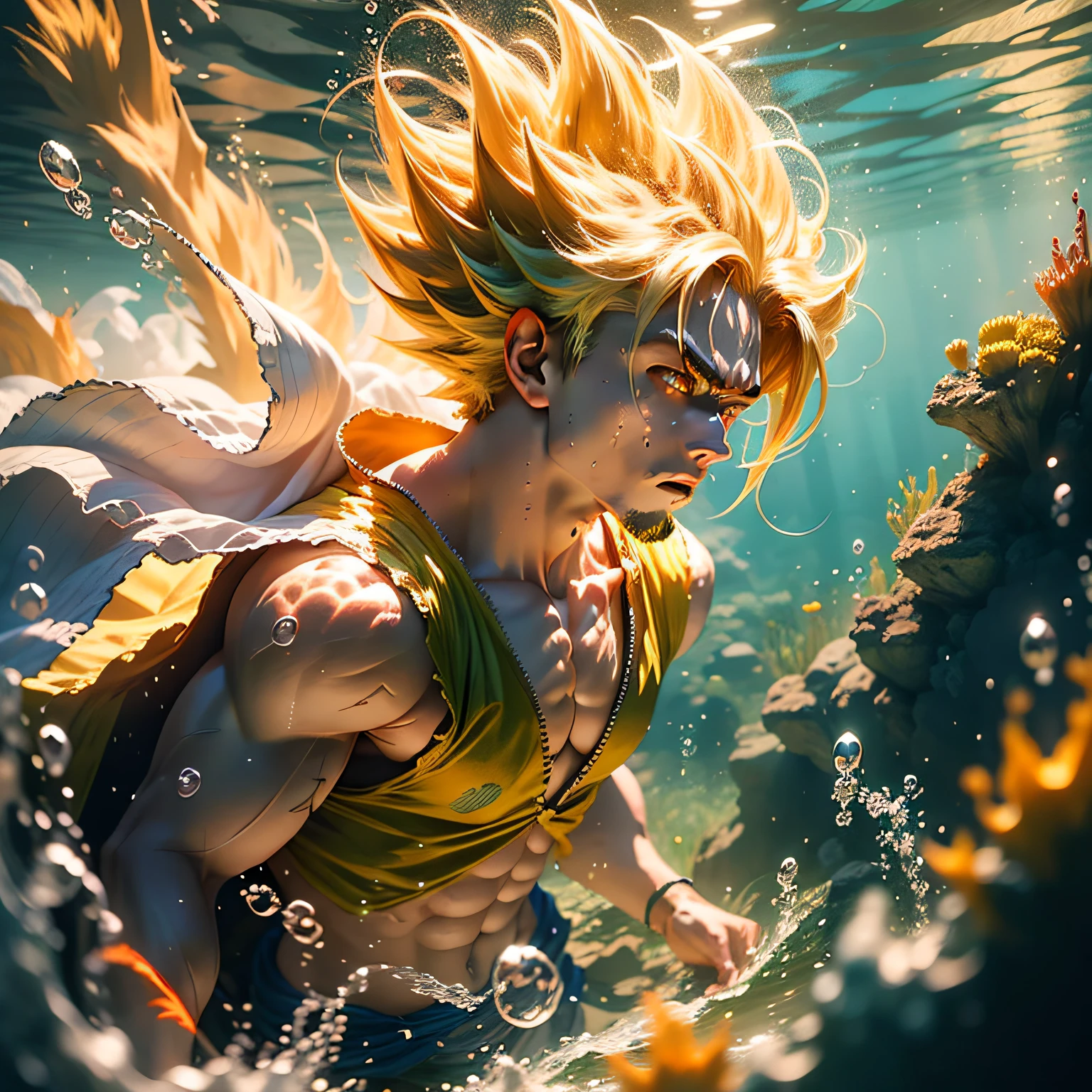Masterpiece, Best Quality, Goku, Super Saiyan 4, Yellow Hair Above the Clouds There is Lightning on Your Body , Shuixia, Underwater, (Yellow Shade: 1.2)