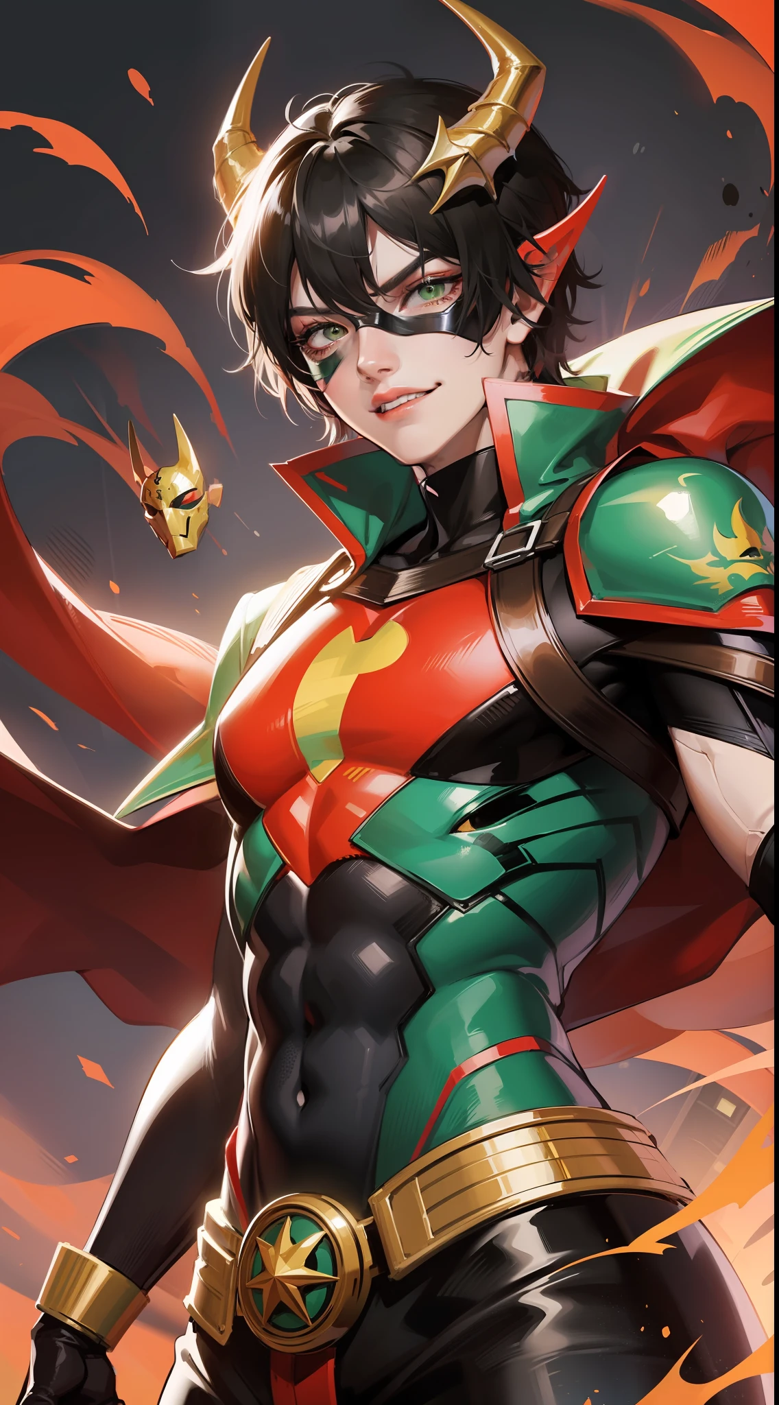 Young guy, short black hair, green eyes, red superhero costume, superhero mask, dragon horns, dragon tail, smirk, muscles, masterpiece, high quality