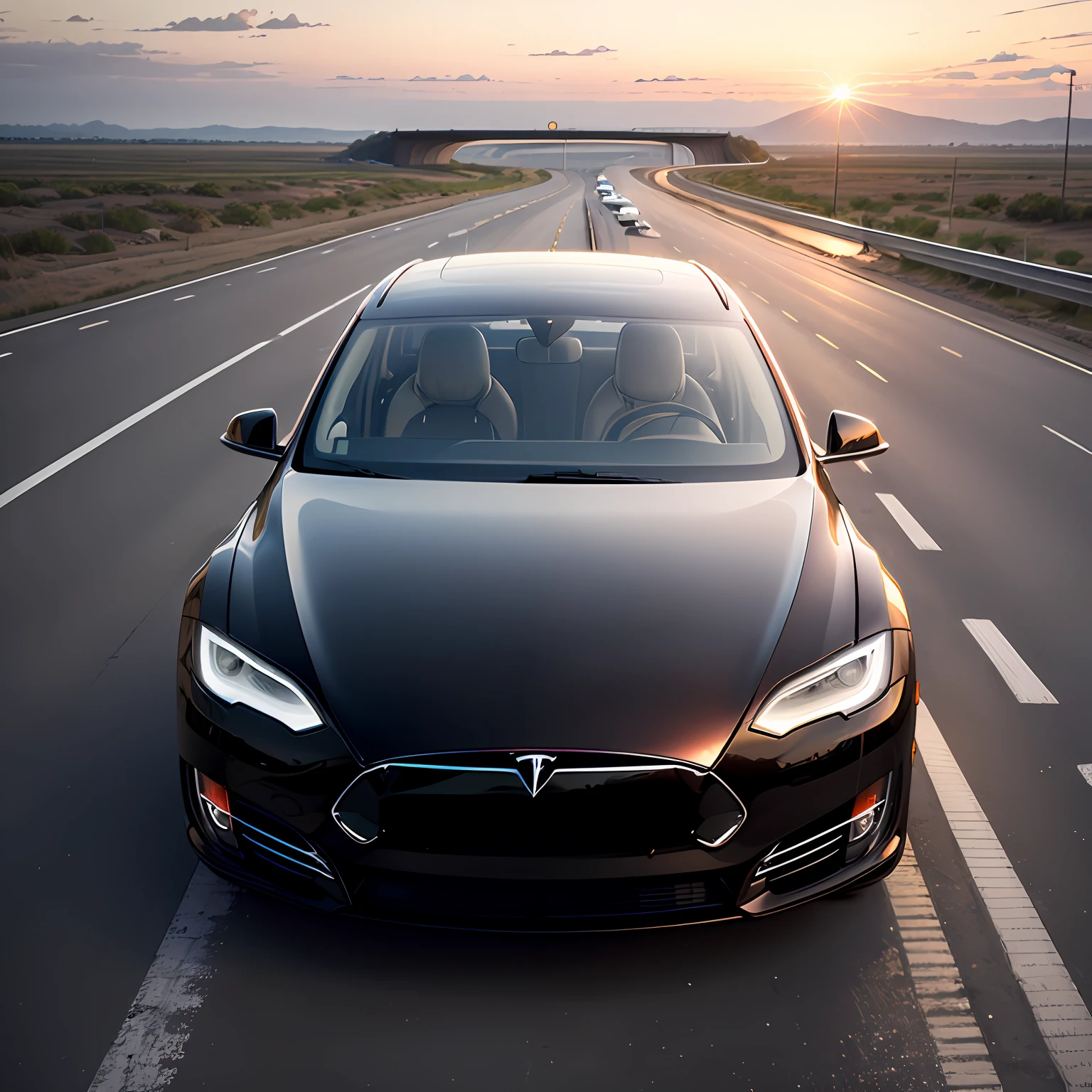 Tesla cars, long highways, white cars, sunset --auto