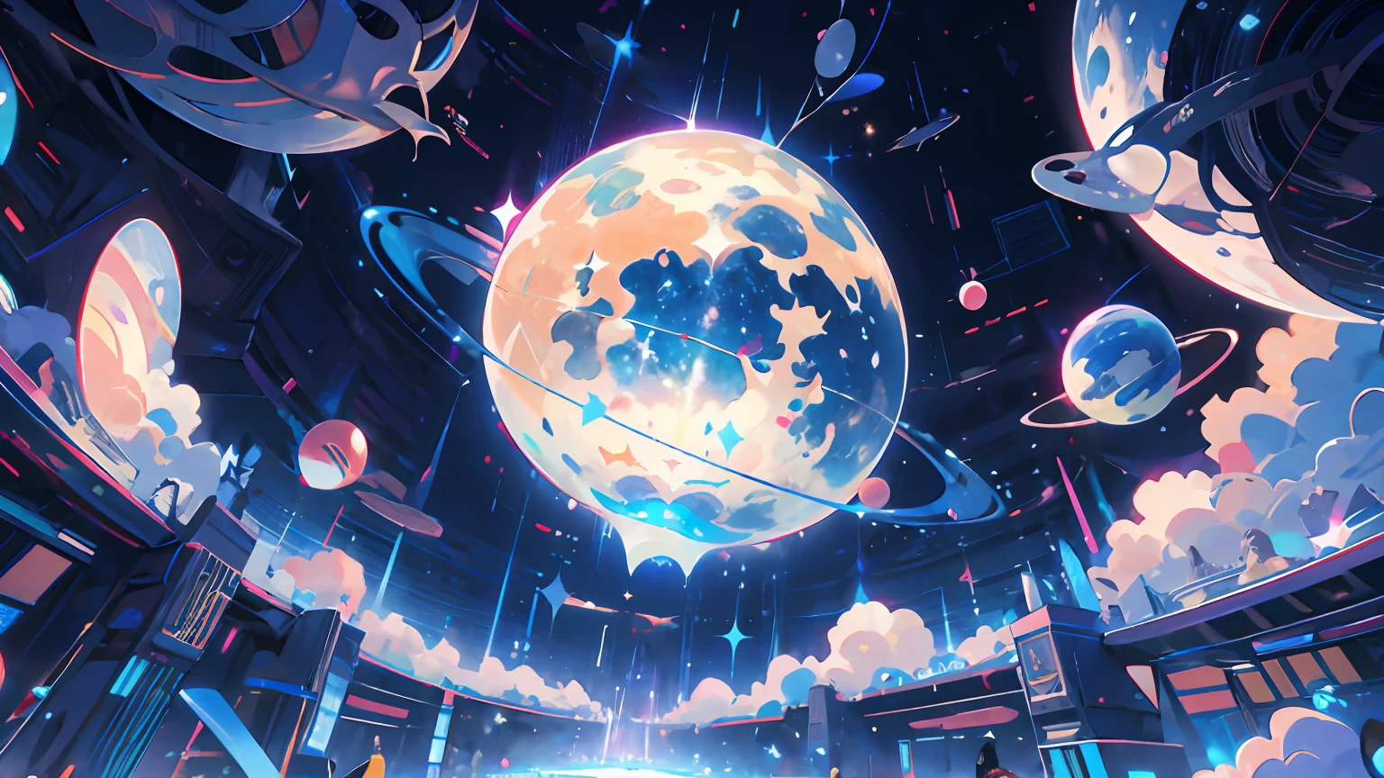 , background is a planet, fantasy psychedelic anime, fantasy space, in astral plane))), outer space, starry sky in space, colorful flat surreal ethereal, holographic space, heavenly planet in background, cosmic and colorful, in outer space, fantasy planet, floating in outer space, in space, astral background