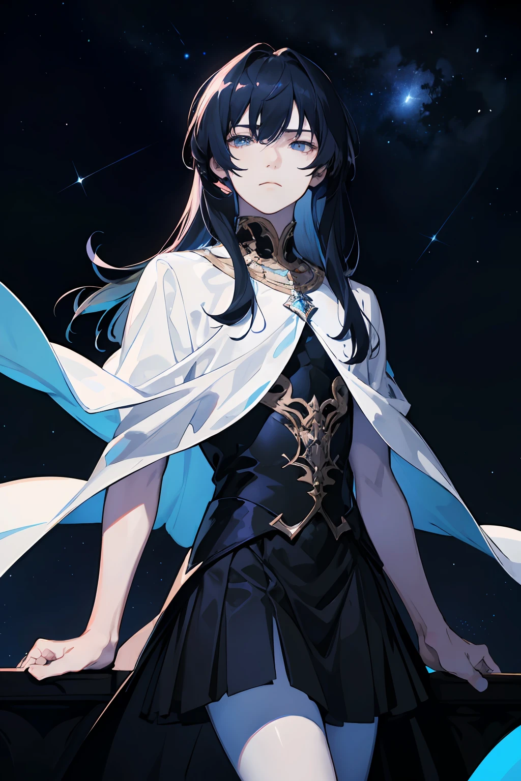 Masterpiece, best quality, teenager, male, long dark blue hair, straight hair, flush bangs, white skin, indifferent expression, intricate details, black skirt, delicate princess dress, dark night, starry sky, stars, black, blue, black background