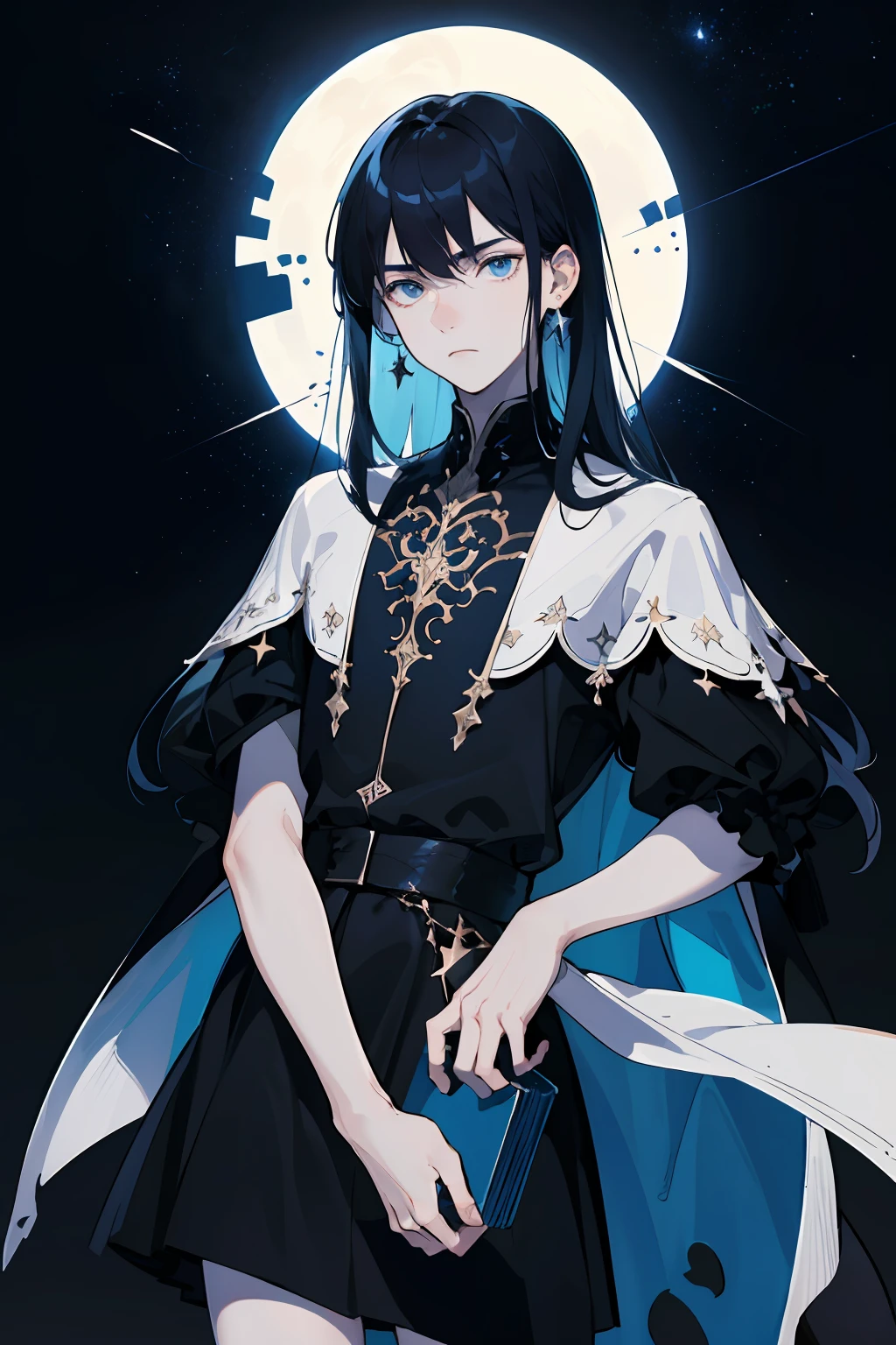 Masterpiece, best quality, teenager, male, long dark blue hair, straight hair, flush bangs, white skin, indifferent expression, intricate details, black skirt, delicate princess dress, dark night, starry sky, stars, black, blue, black background