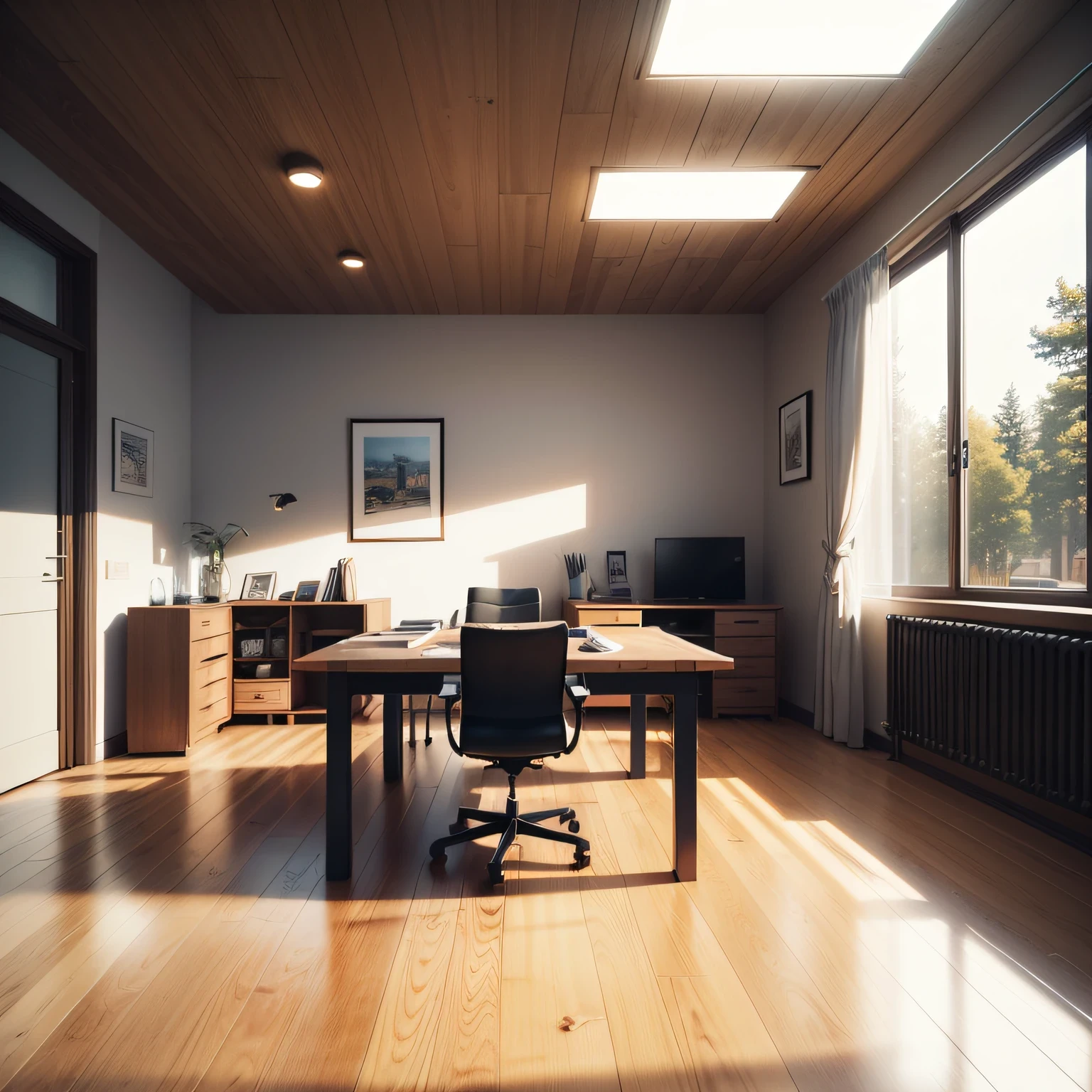 Interior design, incredibly detailed wide-angle architecture photography, Home office, interior, computer on desk, ergonomic chair, interesting shade and light, realism, great space, golden hour, vray, (warm and bright sunlight 1: 0.1), award-winning contemporary interior design, scenery, table, chair, indoors, wooden floor, window, realistic, photorealistic, 8k, --auto