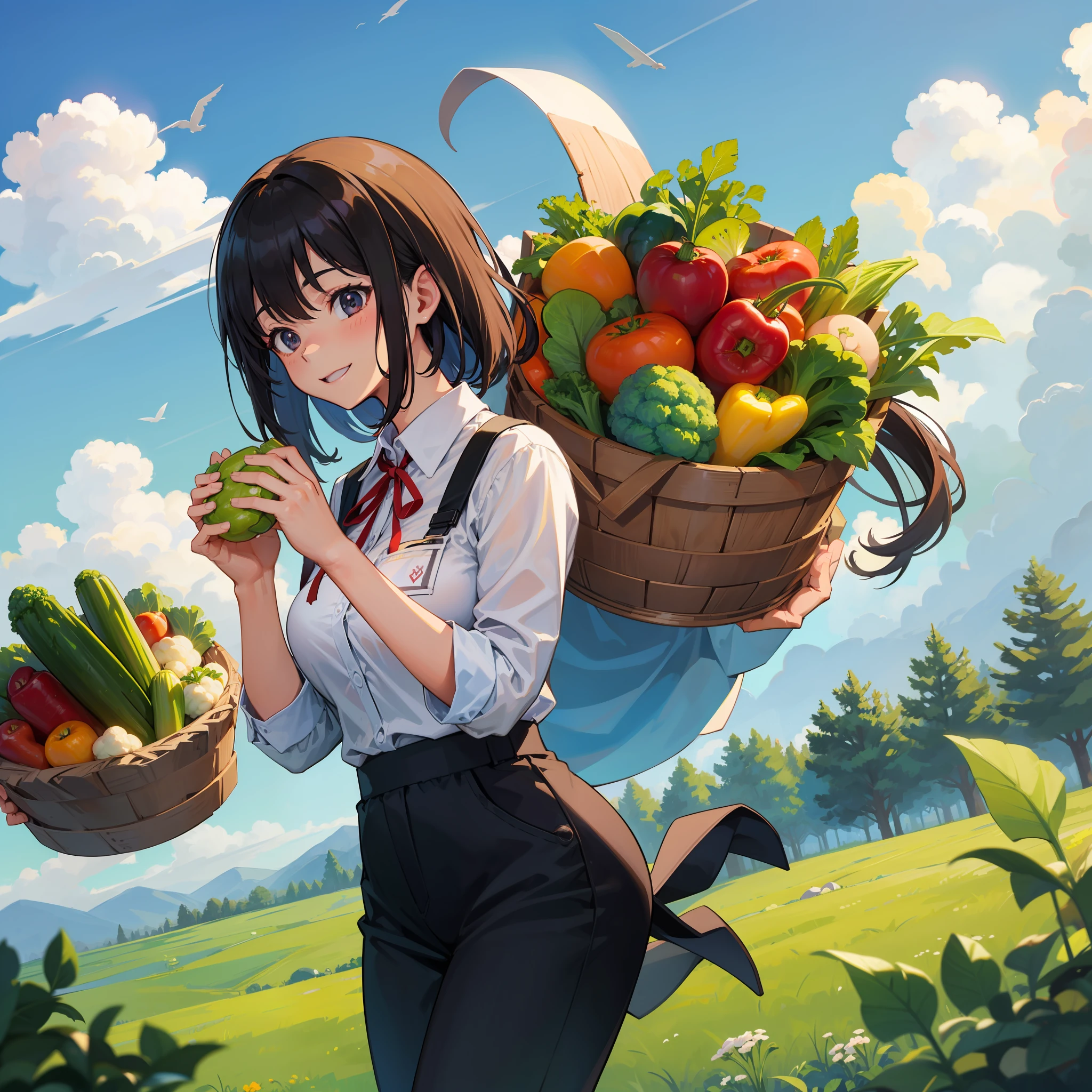 sky, soaring vegetables, jumping vegetables, variety of vegetables, sky, soaring, vegetables, jumping vegetables, wide variety of vegetables, smiling cute girl in work clothes with hands thrust up playing with dairy cows, girl holding vegetables in hands