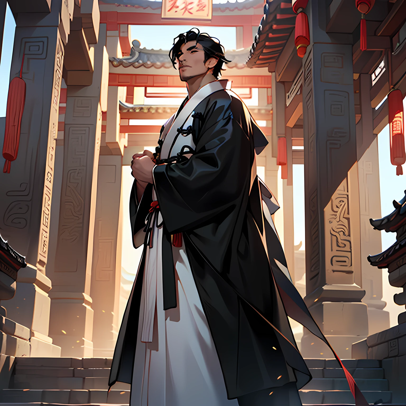 40. (1 person) ((((1boy))),(((aboy))).(((Black coat))),((Black Hanfu youth)),((white clothes)) , (((Black hair))), kingly air, gorgeous, handsome, outstanding temperamen, looks proud, looks up, speaks) (background: in the sacred, resplendent palace hall of ancient China).