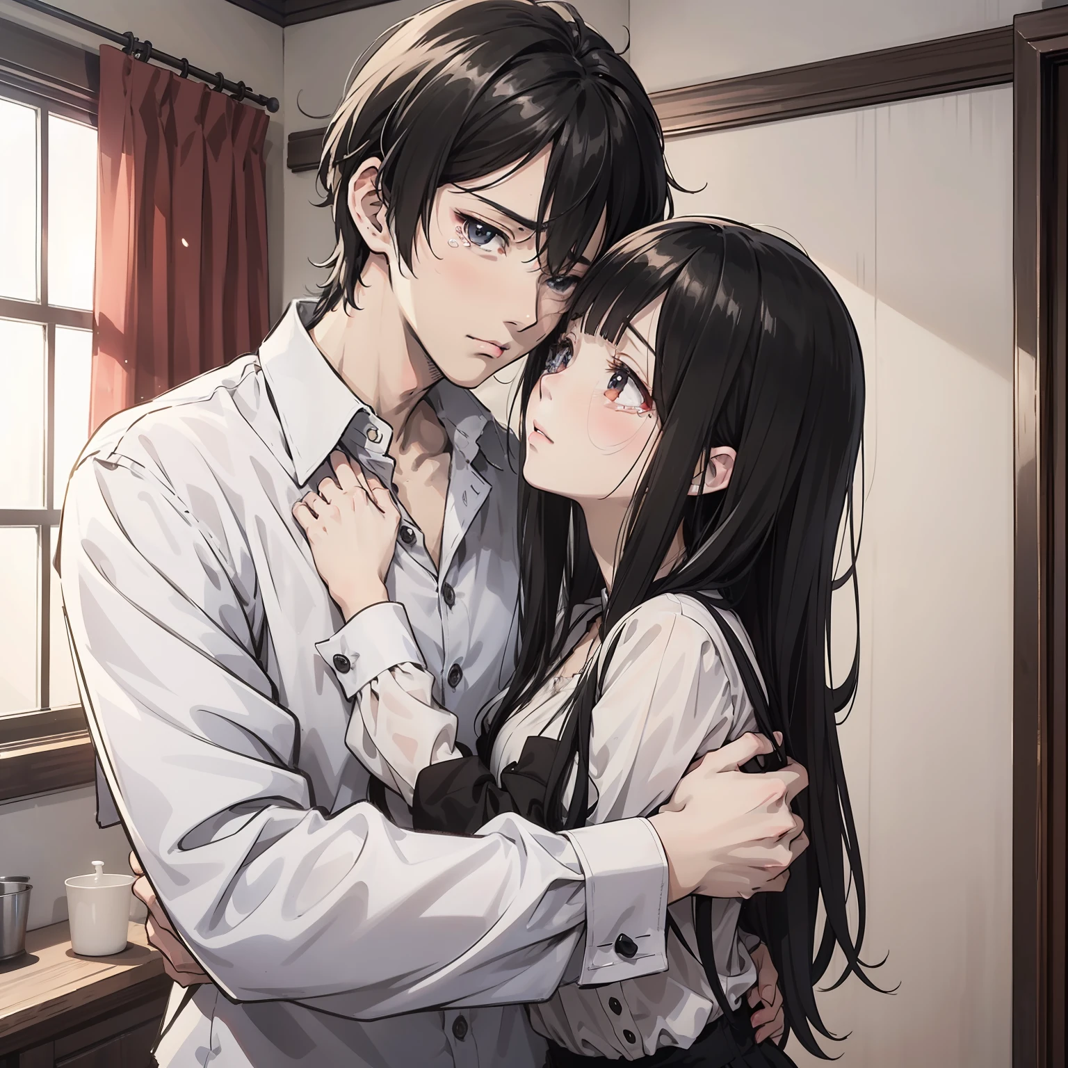 A tall young man with short black hair and a white shirt about 30 years old holds in his arms a woman with long black hair and a white blouse who is crying, (tears 1.5) (background is in the village room 1.5) anime style 4 K, anime rendering, anime style. 8k, handsome anime face (upper body display 1.5) (handsome boy 1.3) (cinematic light 1.5)