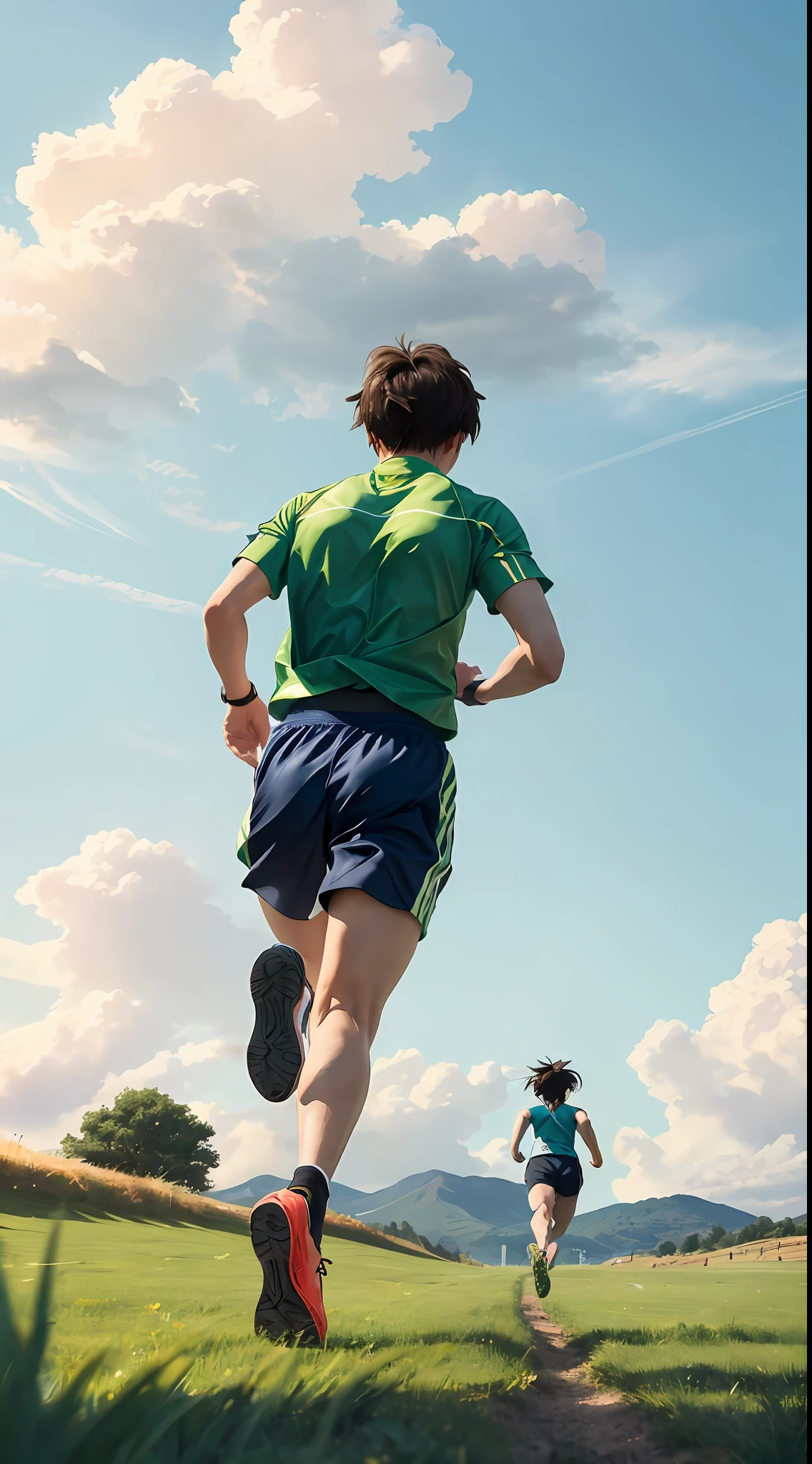 The two Chinese runners move in perfect unison on a sprawling, green lawn, their matching sportswear a symbol of their unity. As they run towards the horizon, their backs to the camera, the blue sky and white clouds create a sense of vastness and infinite possibility in the style of Shinkai Makoto. The wind gently rustles the grass beneath their feet, and the distant trees sway in the breeze. The runners seem to be in their own world, free from the worries and distractions of everyday life. The image captures the beauty and simplicity of running, and the power of the human spirit to push forward towards something greater., 8k, best quality, super detail, ccurate