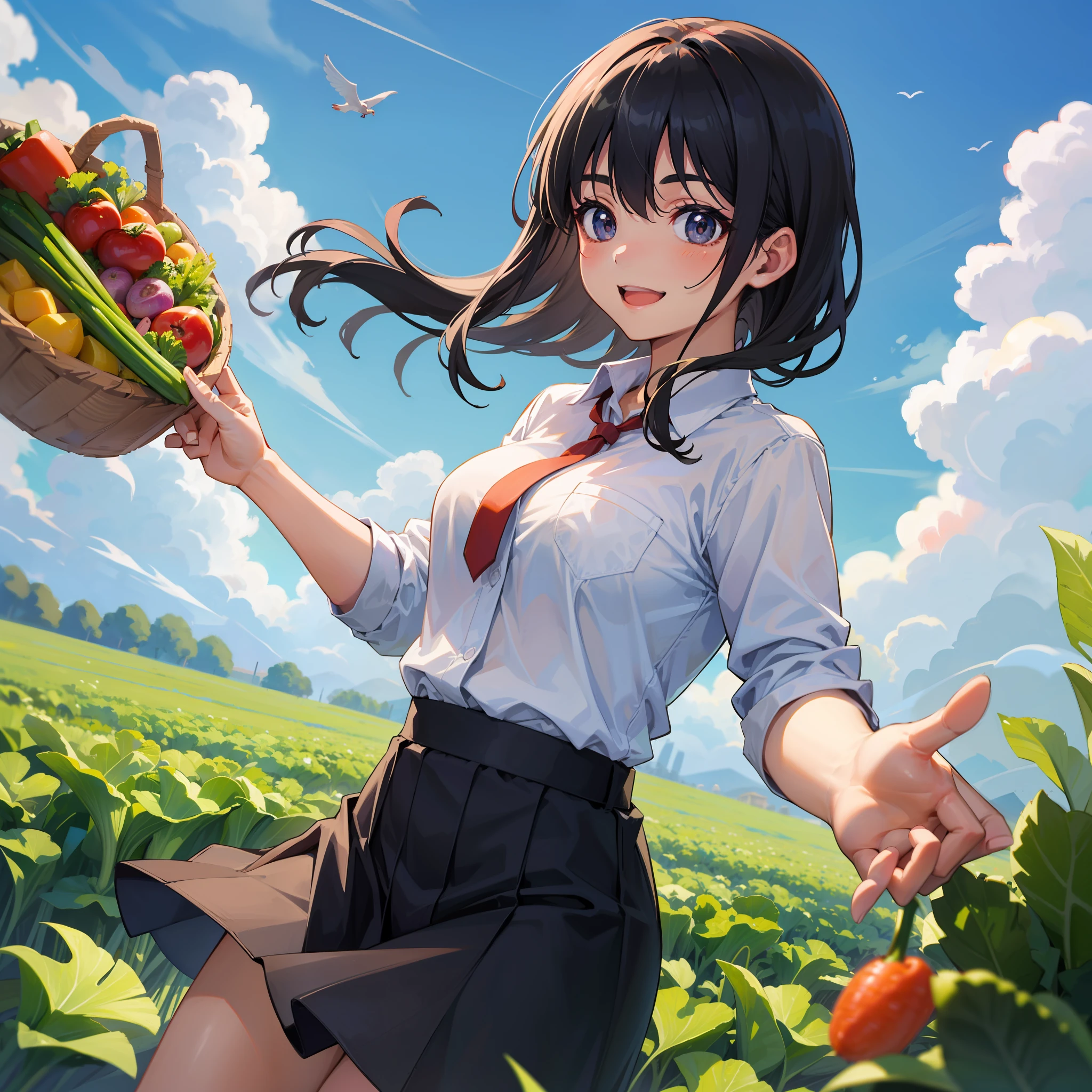 sky, soaring vegetables, jumping vegetables, variety of vegetables, sky, soaring, vegetables, jumping vegetables, wide variety of vegetables, smiling cute girl in work clothes with hands thrust up playing with dairy cows, girl holding vegetables in hands