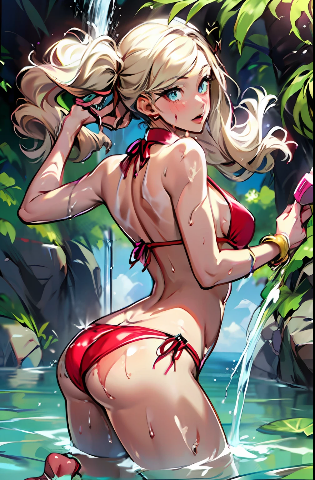 Full body, (from behind: 1.2), watch the viewer, blonde hair, one girl in bikini in the shower, wet swimsuit, dripping wet, sexy girl, drenched body, wet body, wet, young sensual gravure idol, beautiful sexy woman photo, shiny plastic bikini, sexy young woman, water up to shoulders, gorgeous bikini model, Japan model, Dripping water, beautiful supermodel covered with water droplets, (suntan:1.6), beautiful tan-colored skin