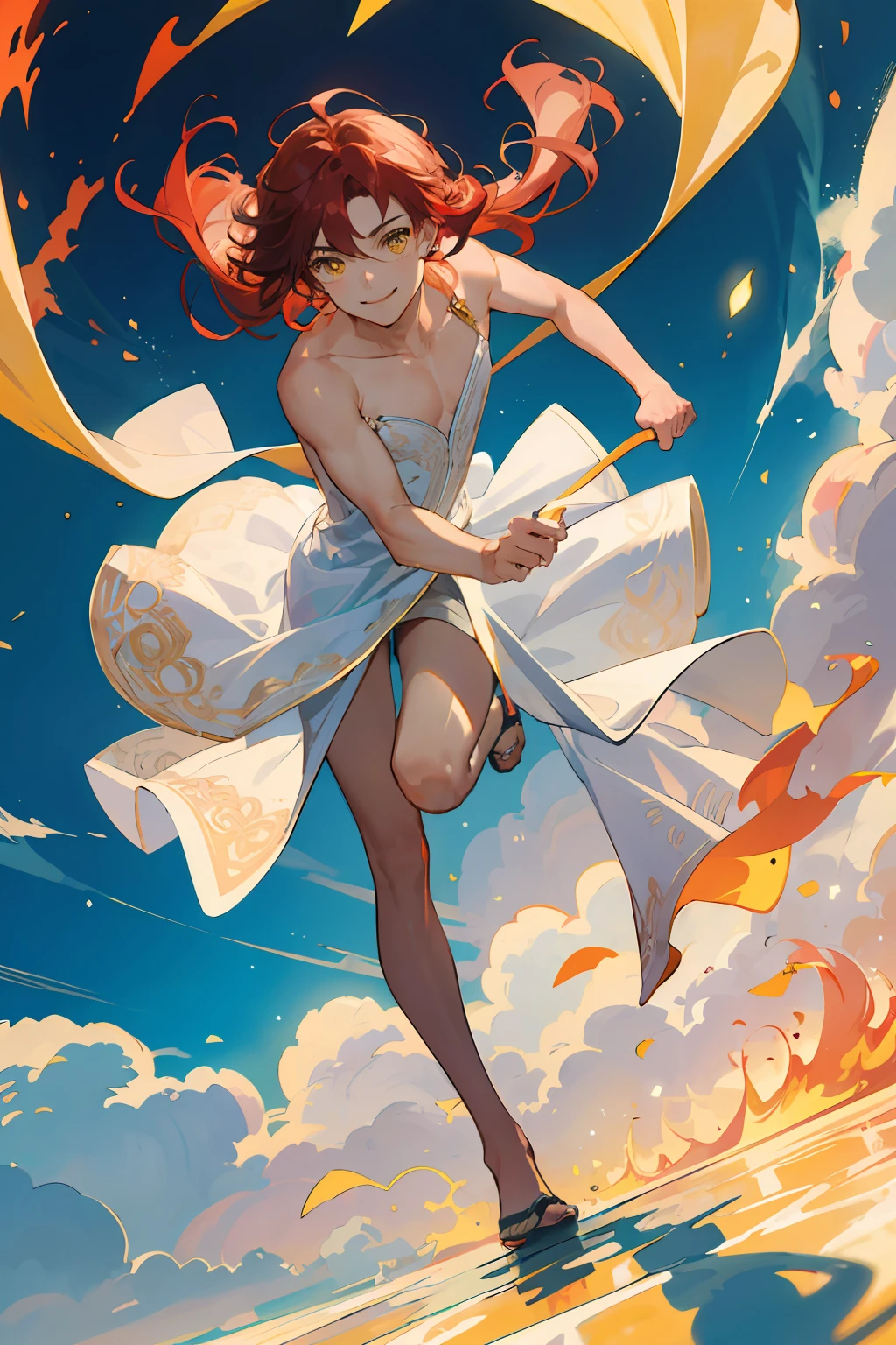 Masterpiece, best quality, 1 male, teenager, delicate eyes, intricate details, rich movements, gorgeous princess dress, long curly red hair, yellow eyes, smile, gentle smile, sunshine, rose, flame, sky blue, full body, best light and shadow, naked, bare shoulders