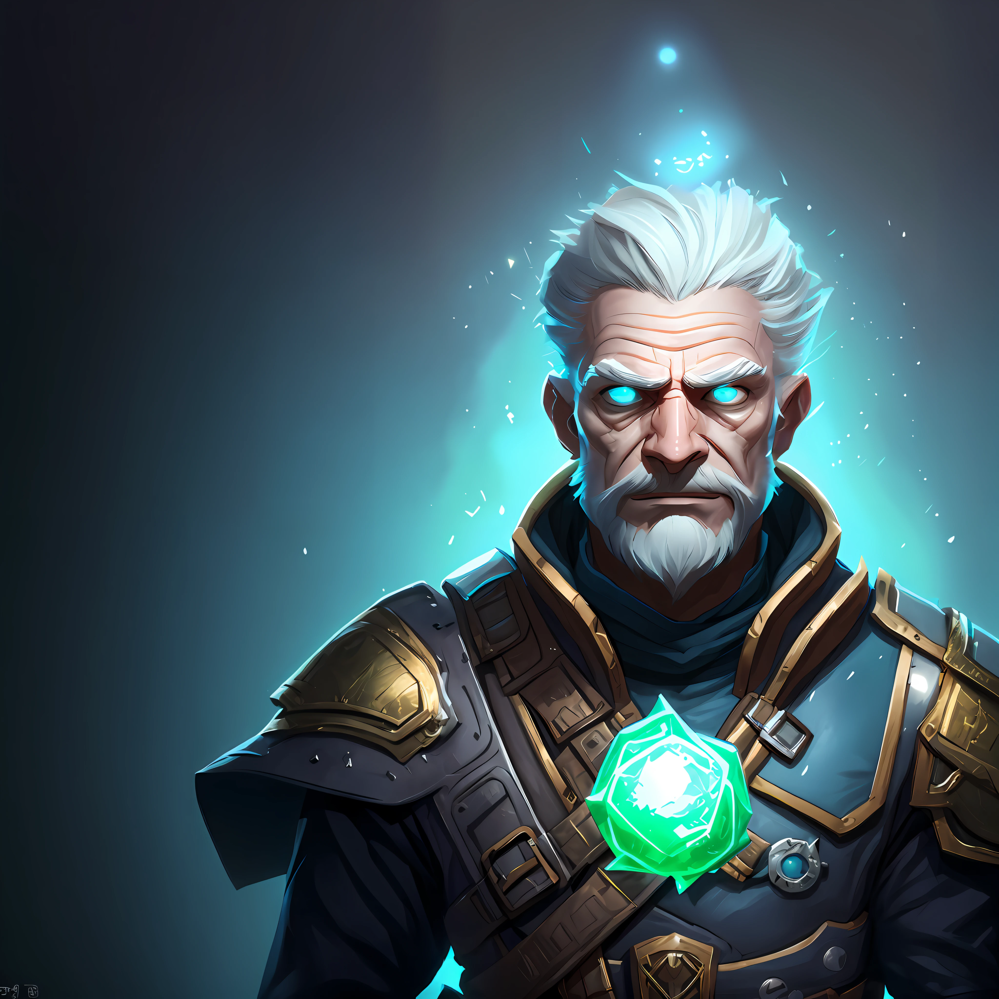 A closeup of a man with a bright green object on his chest, amazing portrait of Viego, close-up portrait of a wizard, epic character portrait, hero character art, rpg_portrait, epic rpg portrait, old male archmage, portrait of a wizard, portrait of a male hydromancer, rpg art concept portrait, portrait of the old necromancer
