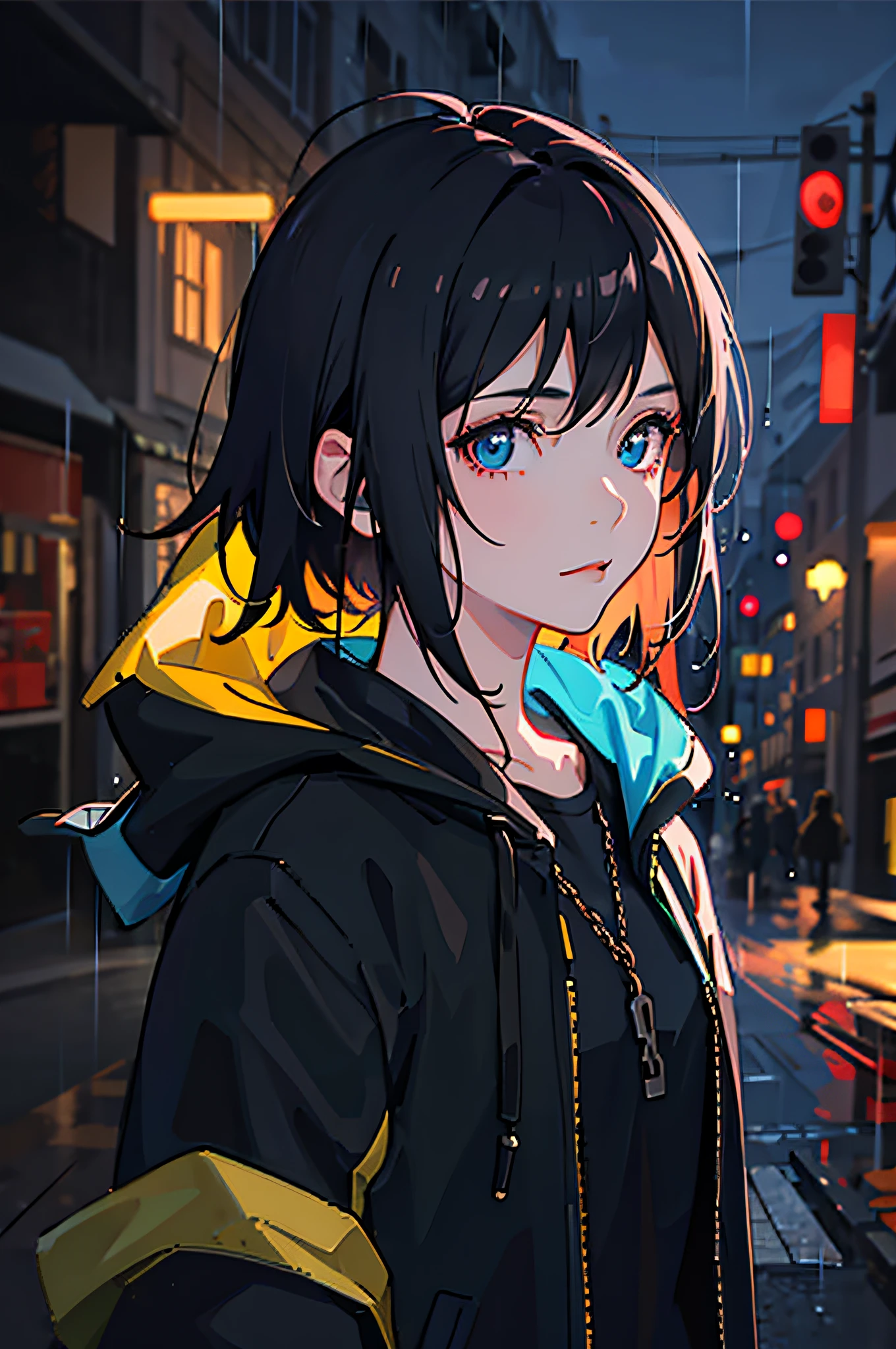 1girl, jacket, rain, outdoor, hoodie, open jacket, chain, backpack, looking at another, messy hair, trending on artstation, 8k resolution, highly detailed, anatomically correct, sharp image, digital painting, concept art, trending on pixiv, style of makoto shinkai,