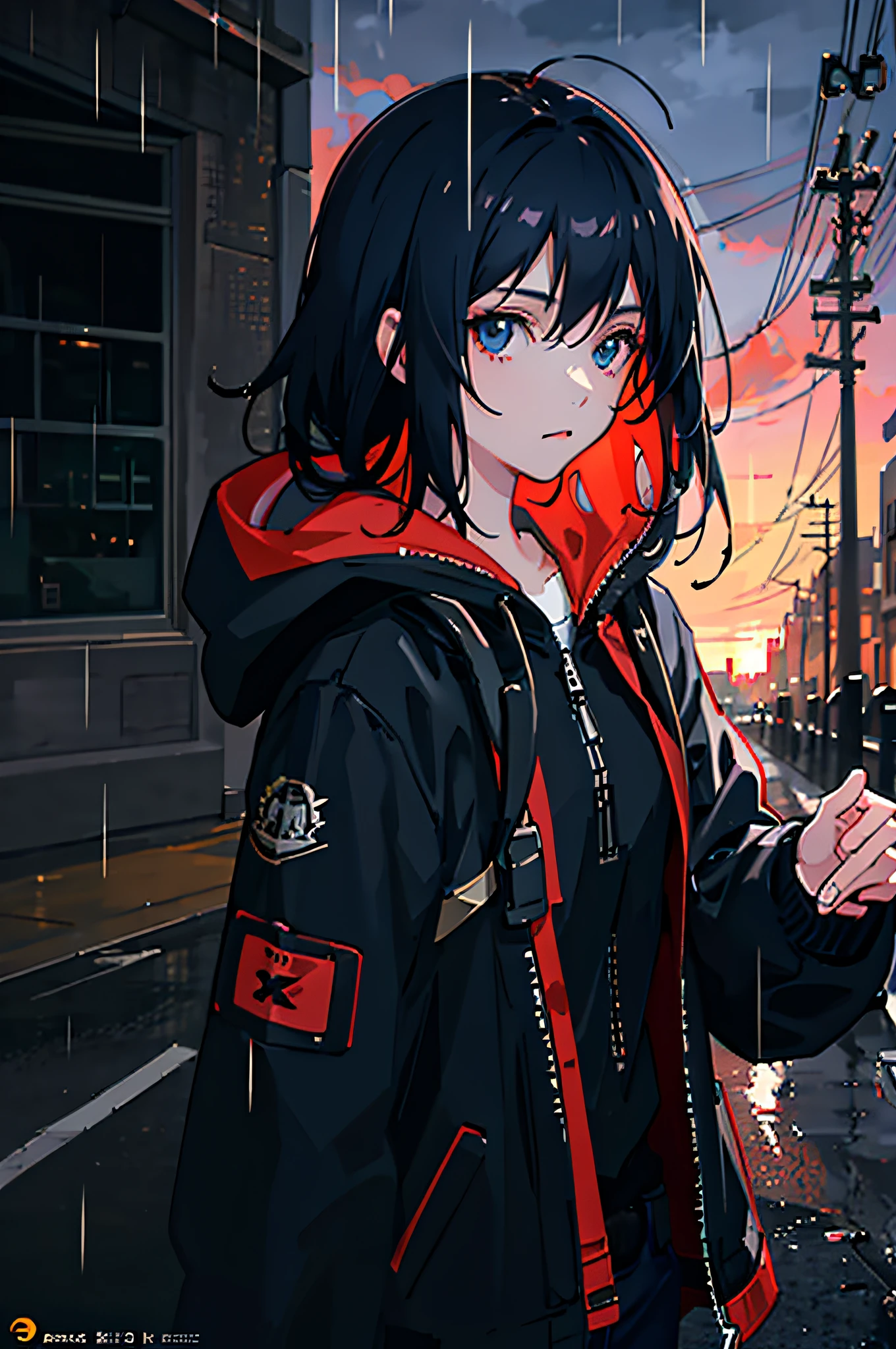 1girl, jacket, rain, outdoor, hoodie, open jacket, chain, backpack, looking at another, messy hair, trending on artstation, 8k resolution, highly detailed, anatomically correct, sharp image, digital painting, concept art, trending on pixiv, style of makoto shinkai,