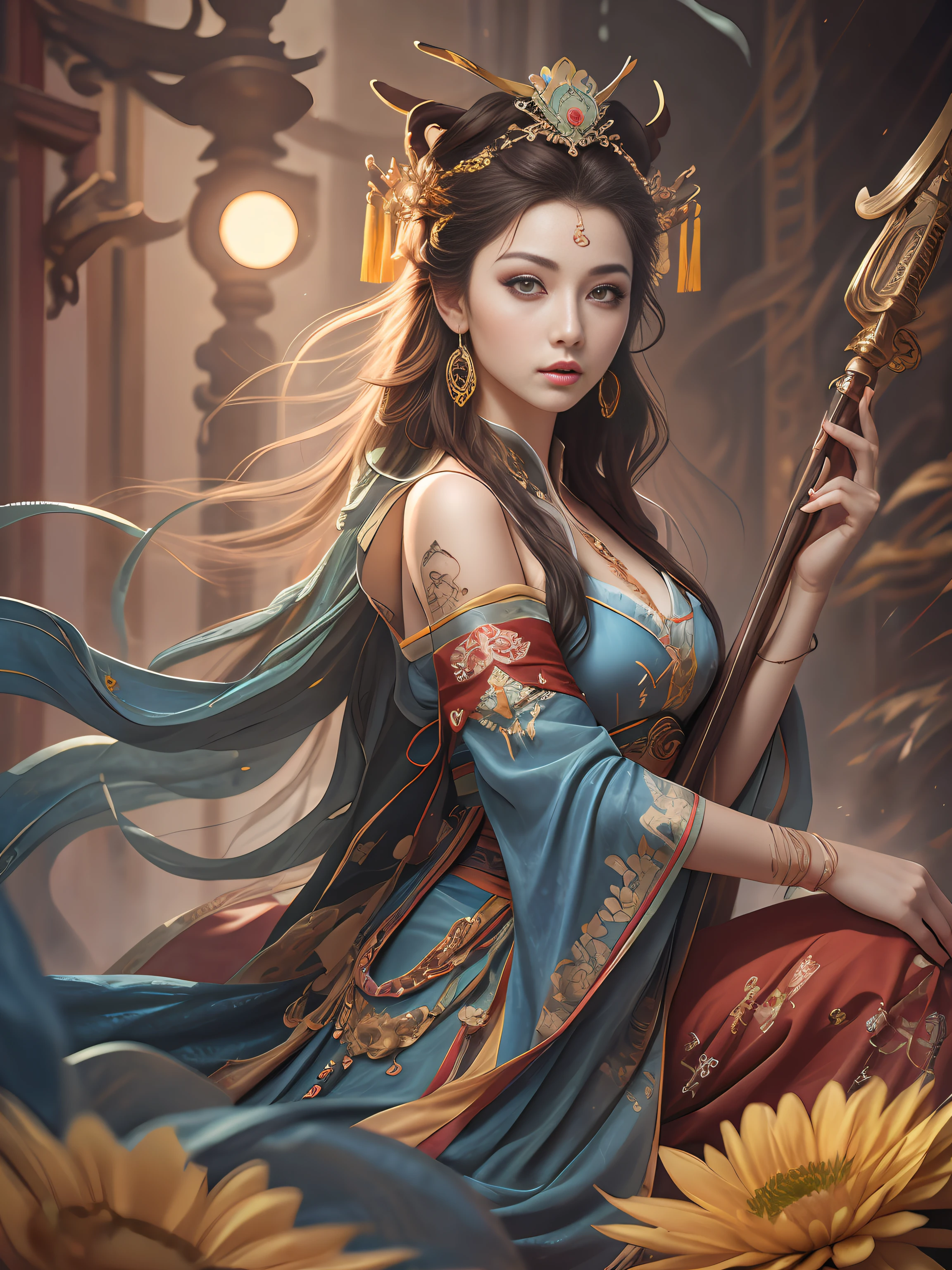 Best Quality, Masterpiece, Ultra-Detailed High Resolution, (Realistic: 1.4), Original Photo, , Illustration, 1 Girl, Handheld Weapon, (Solo Exhibition: 1.2), (Denim Lens: 1.2), (Hair Crown: 1.2), Chinese Dunhuang Traditional Costume, No Straps, (Red Eyeliner: 1.2), (Black Eyes: 1.4), Earrings, Dynamic Angle, Opera House, messy_long_hair, Ink, Movie Lights, lens_flare, Velvet, Chrysanthemum, Tassels, Ribbon, colorful embroidery, upper body, facing the camera, dynamic pose, large chest, embroidered cloth shoes