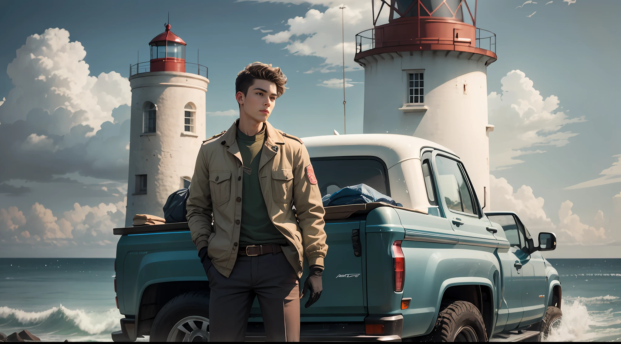 Under the white lighthouse, the white tower, standing on the hillside by the sea, a young man stands next to a pickup truck full of supplies, tucking his clothes into the waistband of his trousers, and putting on a pair of gloves.