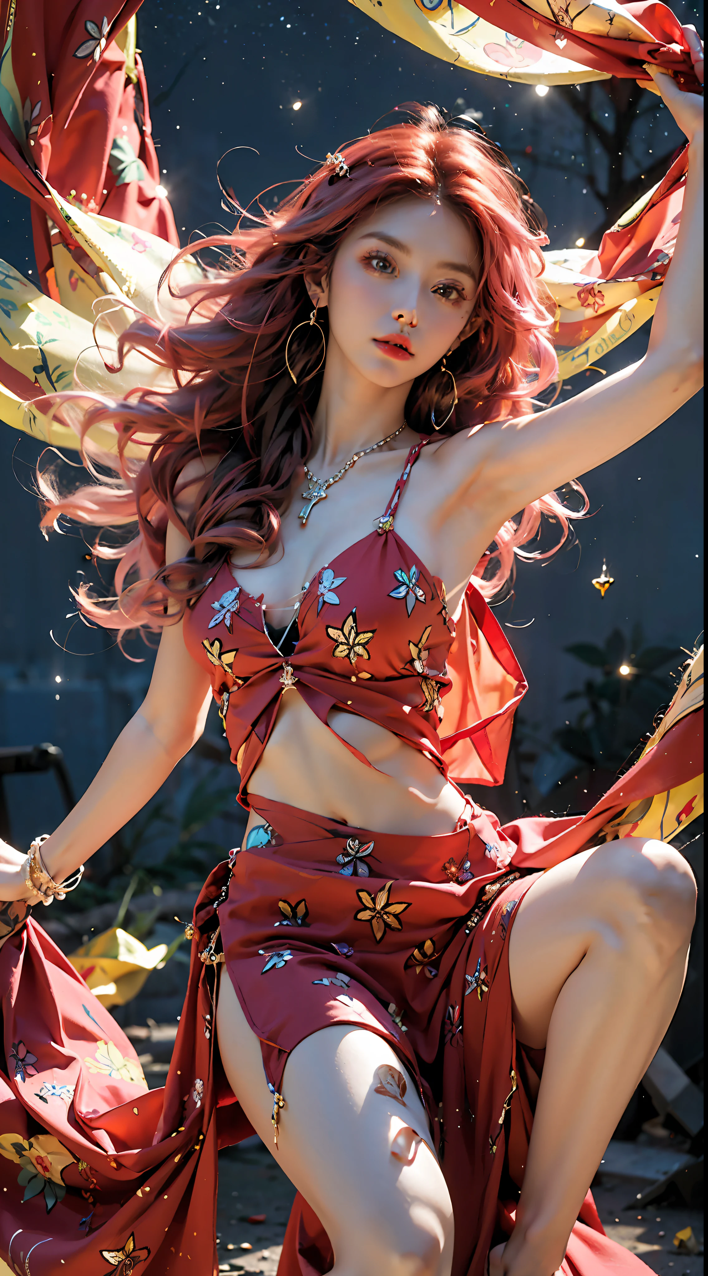 (Very detailed CG Unity 8k wallpaper, masterpiece, best quality, super detailed, beautiful details eyes: 1.2), best lighting, (best shadows, extremely delicate and beautiful, blooming), exotic_dance,.1 girls, solo, (red veil), (brown eyes, big eyes), (red gems), ((red bra)), (red long dress), necklaces, jewelry, bracelets, waist chains, exotic, mandalas, collarbones, navels, very long hair, earrings, necklaces, (pale pink hair), (pink hair), abdomen, (red skirt), ((huge hanging breasts: 1.2)), sky, hair ornaments, (dancers, dancing poses), beads, circles, blue sky, veil, beautiful facial features, starry sky, full body, complex decoration, black armor, best quality, masterpiece, upper body shot, close face, looking at the audience, anime face, 8k. Bright light, light and shadow texture, texture detail.