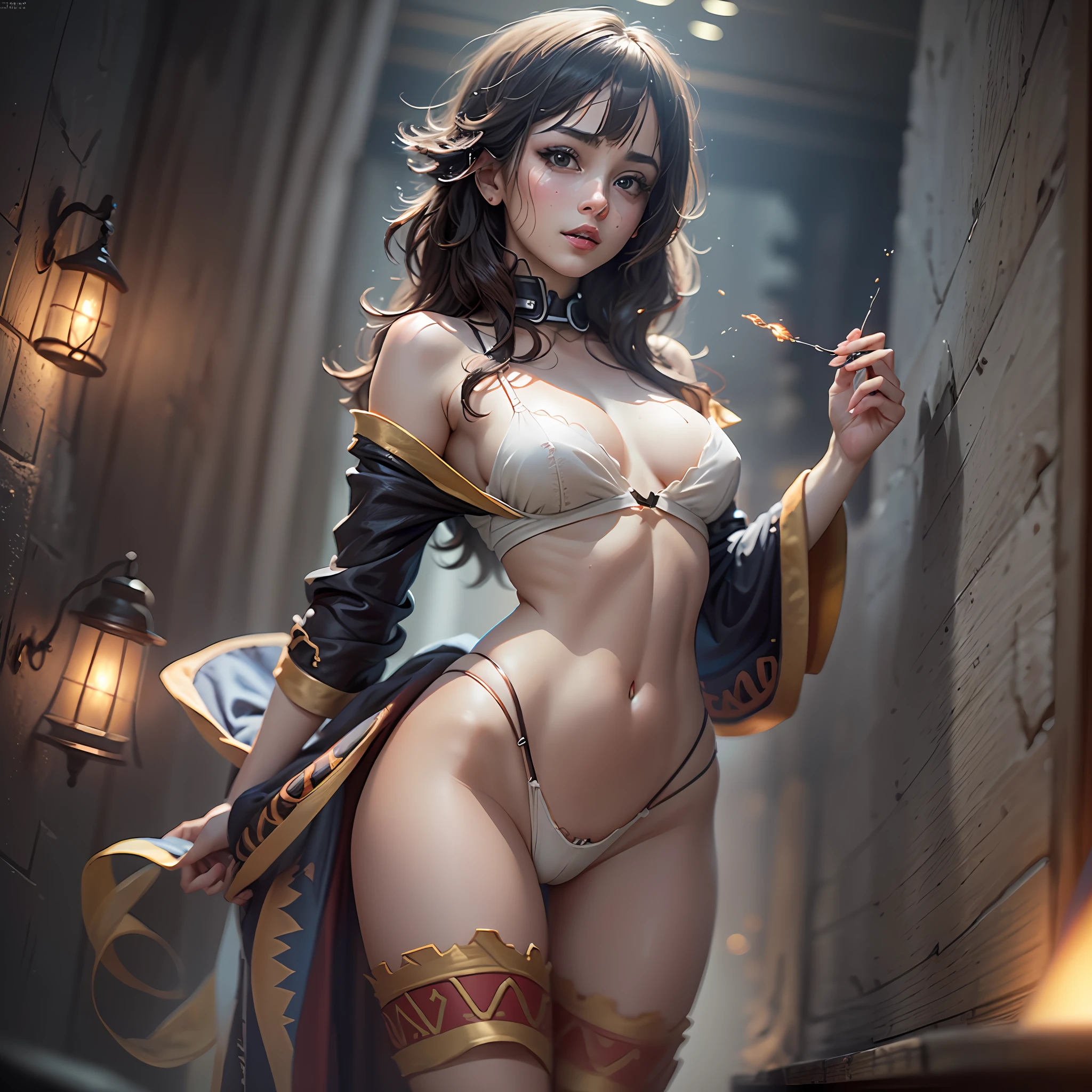 Best Quality, Masterpiece, Ultra High Resolution, (Photorealistic: 1.4), 8K Raw Photo, (Fractal Art: 1.4), Dramatic Lighting, Dynamic Lighting, Professional Lighting, Cinematic Lighting, Highly Detailed, Official Artwork, Flawless, Sharp Focus, depth of field, exquisite details and textures, delicate and beautiful, lens flare, absurd, ray tracing, immersive atmosphere, (knee-length shot: 1.3) 1girl, an attractive young woman, woman, sexy and attractive, supermodel, goddess aura, realistic hair, detailed hair, hair blowing, seductive expression, full of stimulation expression, moan, shy, look at viewer, happy, glowing skin, finely detailed skin, clavicle, ( pert natural breasts : 1.2), (small breasts: 1.2), perfect round ass, (beautiful and aesthetic: 1.2), slim waist, beautiful detailed thigh, (perfect female figure), (symmetrical body shape), long legs, (((Megumin, cowboy shot))), (dynamic angle: 1.2), (third_composition rule: 1.2), (detailed face: 1.2) ), (detailed eyes: 1.2), (detailed background), (realistic:1.2), (realism), (masterpiece:1.2), (ultra detailed), (best quality), intricate, cinematic lighting, cinematic comprehensive, portrait photography, magic photography,