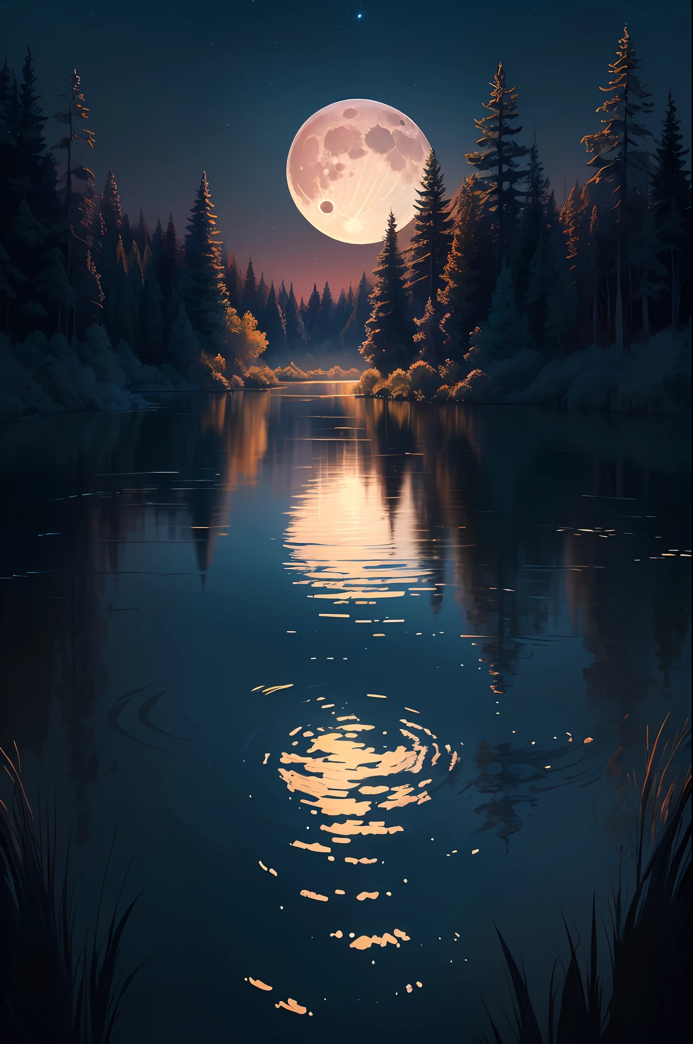 arafed view of a full moon rising over a lake with trees, very detailed digital painting, stunning digital painting, perfect crisp moonlight, calm night. digital illustration, the moon reflects in the water, big moon above the water, twilight ; digital painting, reflection of the moon, highly detailed digital painting, gorgeous digital painting, high detail digital painting