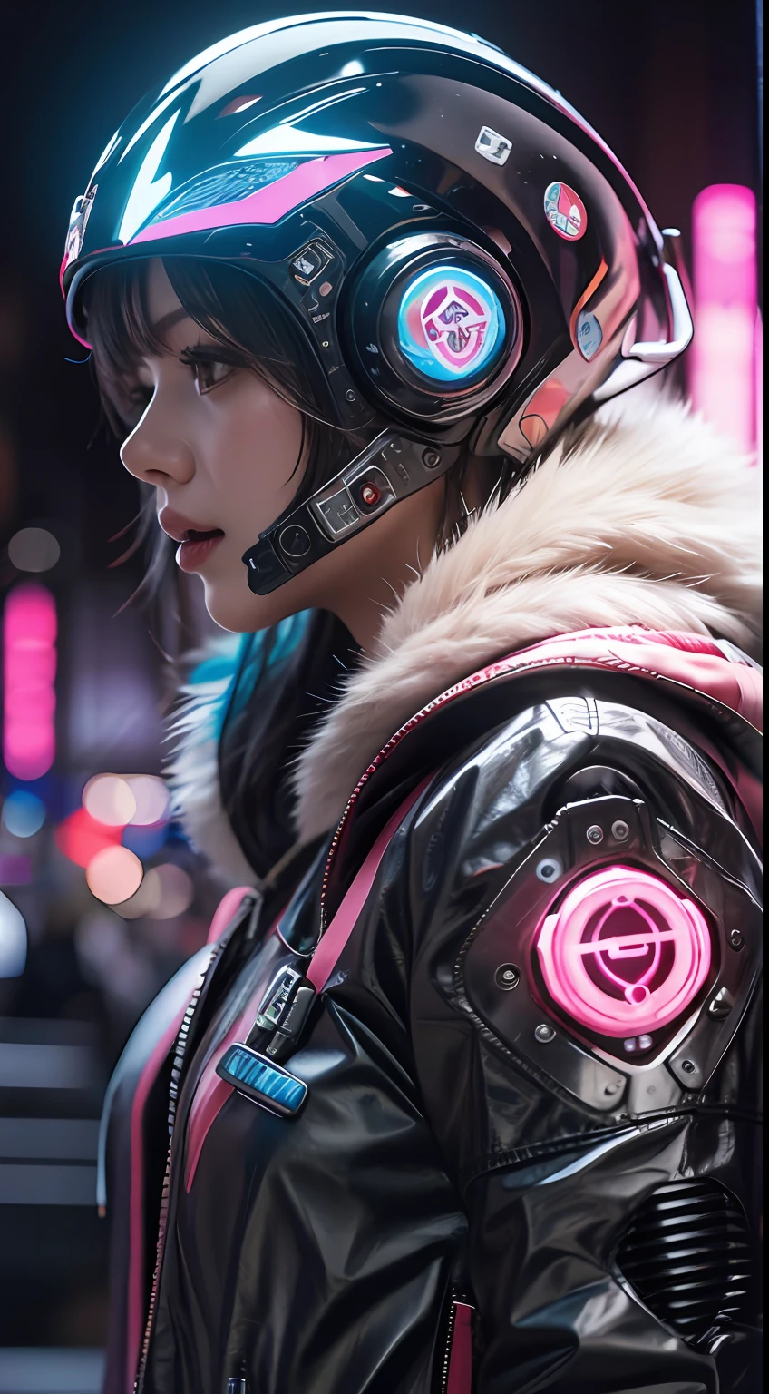 Masterpiece, Best Illustration, Solo, 1 White Cat, Mechanical Mask, Pink Mechanical Helmet, Exposed Cat Ears, Cyberpunk City, Colorful Details, Rainbow Color BREAK, \((Masterpiece Best Quality\)\), 4K, Hyper Detail, Detailed Lighting