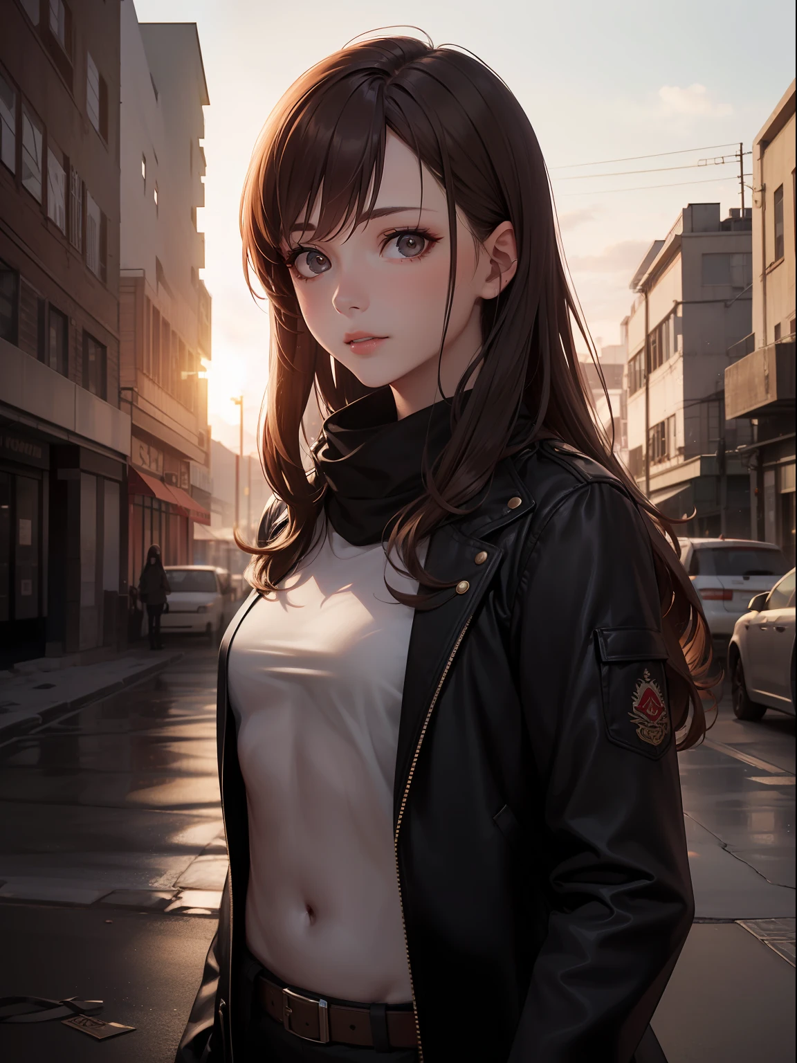RAW photo, a portrait of a 25 year old woman in Wastelander clothing, shazglow, wavy brown hair, long hair, pale skin, thin body, background are city ruins, (highly detailed skin: 1.2), 8k uhd, dslr, soft lighting, high quality, film grain, Fujifilm XT3