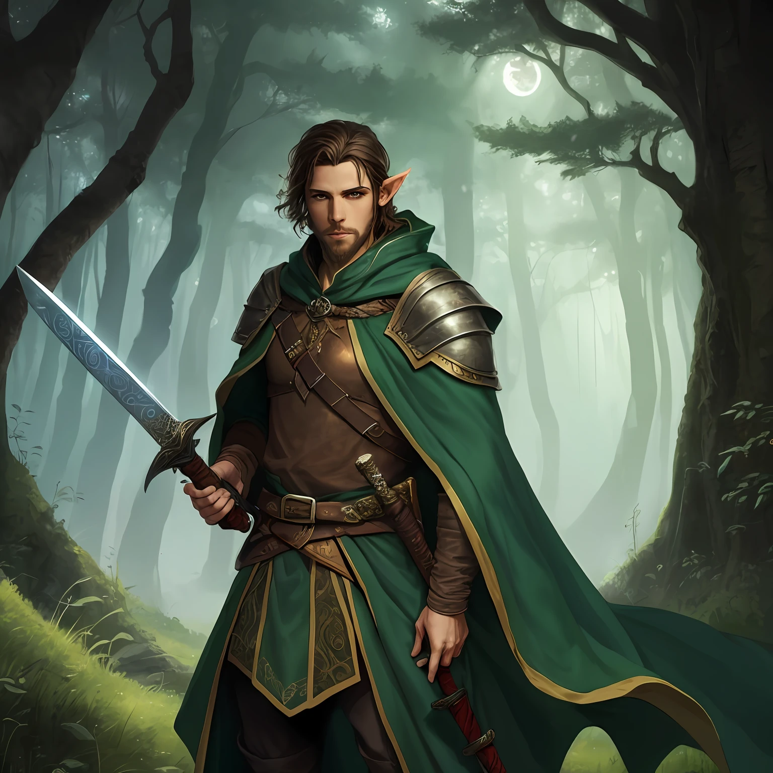 portrait of a half elf, male, (fantasy art, masterpiesce best quality), wizard, (dnd art, fantasy art, masterpiesce best quality), with a short brown hair, with short brown beard, (dnd art, fantasy art, Masterpiece, best quality) , armed in the right hand with a short sword with elven runes (Masterpiece, best quality) casting a spell (Masterpiece, best quality), wearing cloak (green, flowing) , in a fantasy dark forest at night background , (dnd art, fantasy art, Masterpiece, best quality)