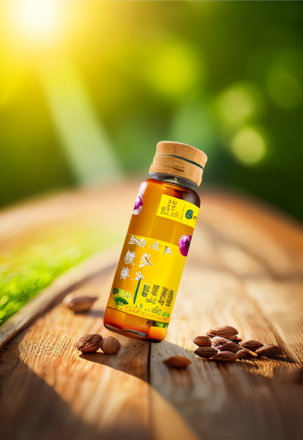 A bottle of tin maple bucket oral liquid, leaning in the fruit basket, dark brown glass bottle, dark brown metal lid
Show fresh fruits, vegetables, nuts or other nutritious ingredients, realistic and fresh