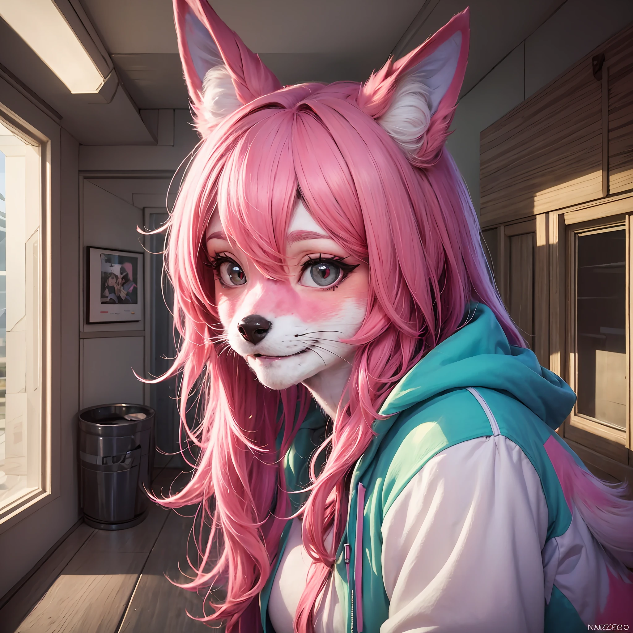 masterpiece, best quality, female anthro, nazuna, detailed face, (detailed eyes,), smile, (looking at viewer), (fox nose:0.9), fox ears, flowing hair, pink hair, body fur, furry, hoodie, in a spaceship corridor