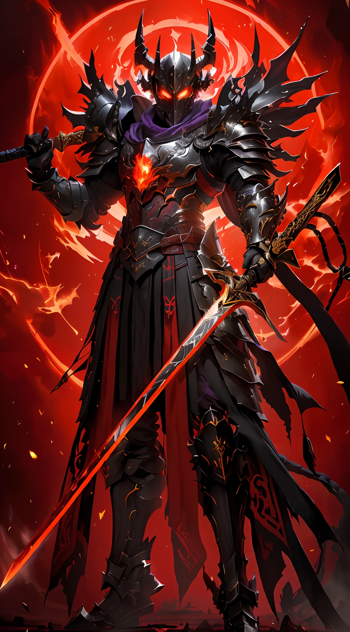 Close-up of a man holding a sword and armor, purple armor, black purple armor, purple demon armor, black fire reflective armor, demon warrior, blood knight, heavy armor and sword god of war, dragon knight, demon warrior, black and purple reflective armor, ruler of hell, Yang J, purple armor, king of cinder