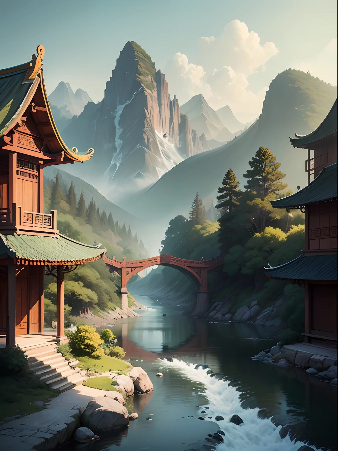 Ancient Chinese landscapes, ancient buildings, pavilions, carved beams and painted buildings, beautiful mountains and rivers, inspired by Jin Yong martial arts, sunlight, ink painting style, clean colors, decisive cutting, blank space, freehand, masterpiece, super detailed, epic composition, high quality , highest quality, pixar style, oversaturated, surreal, artgerm --auto --v 6