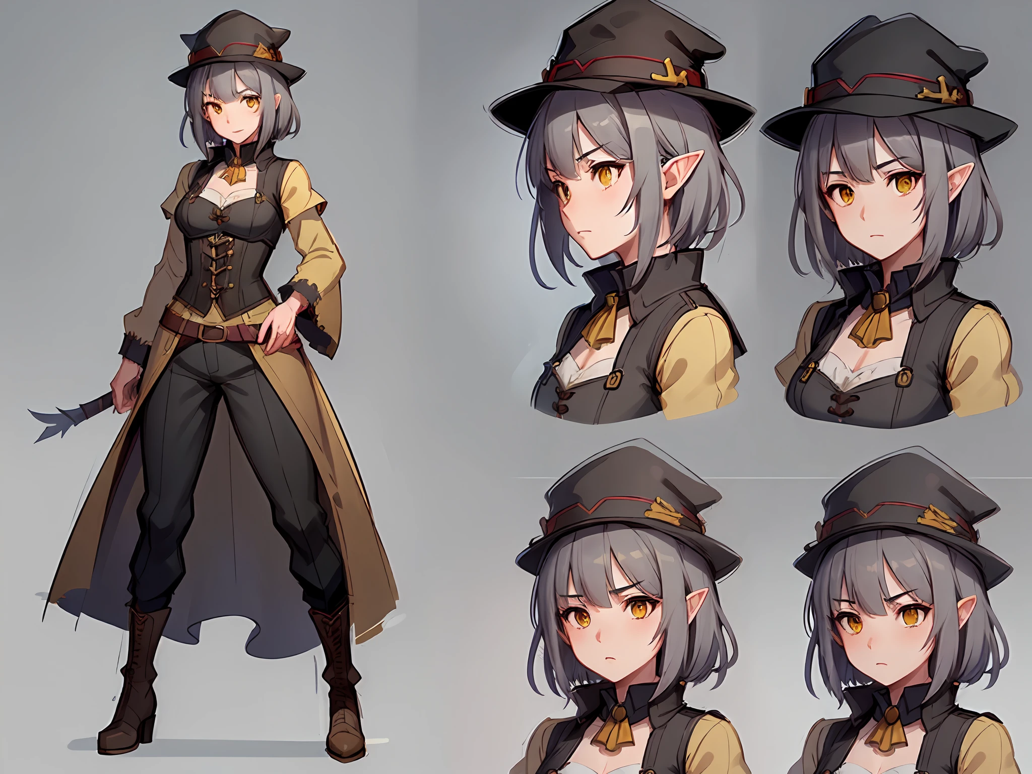 dynamic series of drawings showing a skinny, sorcerer elf girl thin, fragile, straight hair, disheveled hair, bob cut,(big hat, wizard hat, black hat:1.1), beautiful face, sad, (adventurer outfit, medieval chemise, long sleeves,corset vest, slave collar, fantasy pants, boots:1.3),(body scars, skinny thin:1.5), (cold brown hair, grey strands:1.3),adventurer's clothes, glowing eyes, (yellow eyes: 1.2), drawing character sheet, pose reference, drawings of the same character at different angles,in 6 poses. 8k,high quality, high resolution, 4k, hd,(well designed face), amazing face, (super detailed), beautiful eyes