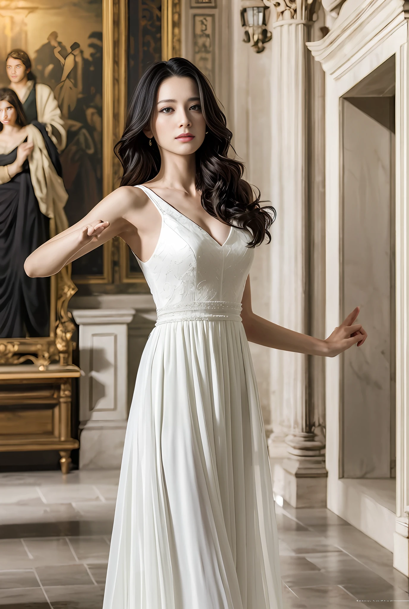 Model shooting style, (extremely detailed CG Unity 8k wallpaper), full-shot body photo of the most beautiful artwork in the world, stunning beautiful photo realistic available, super realistic super detailed photo, a beautiful girl as a female dancer entering the Loggia dei Lanzi of Florence,complex dress, banquet, crowd, [slight smile], (Sculpture of Hercules background), (princess eyes, shining pupils), detailed symmetrical beautiful hazel eyes, detailed gorgeous face, highly detailed, Vibrant, professional majestic oil painting by Ed Blinkey, Atey Ghailan, Studio Ghibli, Jeremy Mann, Greg Manchess, Antonio Moro, ArtStation Trends, CGSociety Trends, Complex, High Detail, Sharp Focus, Dramatic, Realistic Painting Art, by Midjourney and Greg Written by Rutkowski