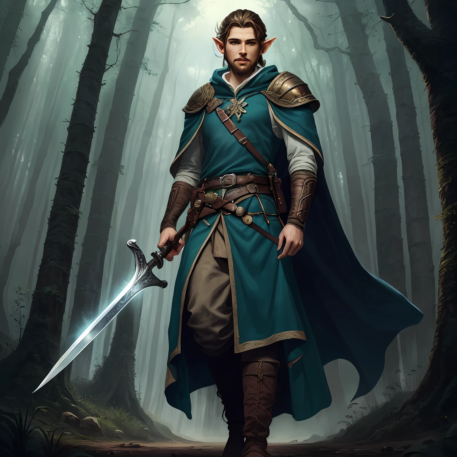 portrait of a half elf, male, (fantasy art, masterpiesce best quality), wizard, (dnd art, fantasy art, masterpiesce best quality), with a short brown hair, with short brown beard, (dnd art, fantasy art, Masterpiece, best quality) , armed in the right hand with a short sword with elven runes (Masterpiece, best quality) casting a spell (Masterpiece, best quality), wearing cloak (green, flowing) , in a fantasy dark forest at night background , (dnd art, fantasy art, Masterpiece, best quality)