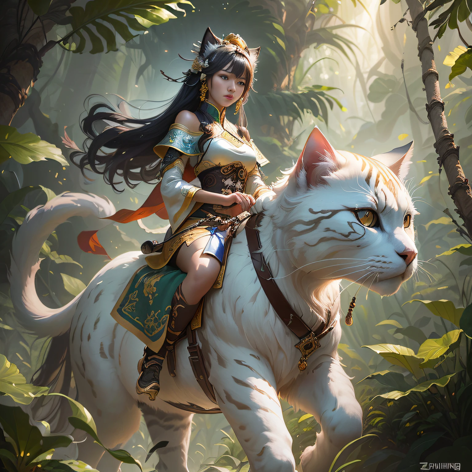 "There's a Woman Riding a White Persian Cat in the Jungle" by Yang J, cgsociety, Zhong Fenghua, Fantasy Art Behans, Pan Chengwei on ArtStation, by Jason Chan, Fantasy Art Style, Li Song, Ryan Yee, [cgsociety trends]!, Deviantart artstation cgscosiety