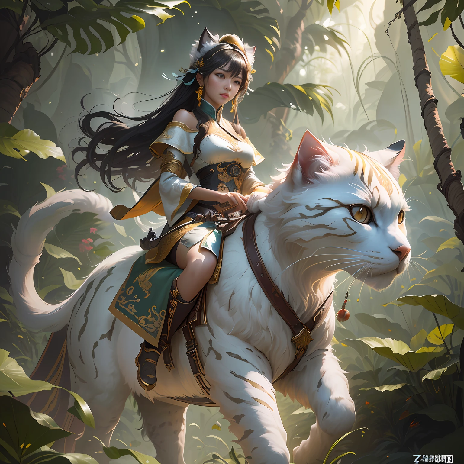 "There's a Woman Riding a White Persian Cat in the Jungle" by Yang J, cgsociety, Zhong Fenghua, Fantasy Art Behans, Pan Chengwei on ArtStation, by Jason Chan, Fantasy Art Style, Li Song, Ryan Yee, [cgsociety trends]!, Deviantart artstation cgscosiety
