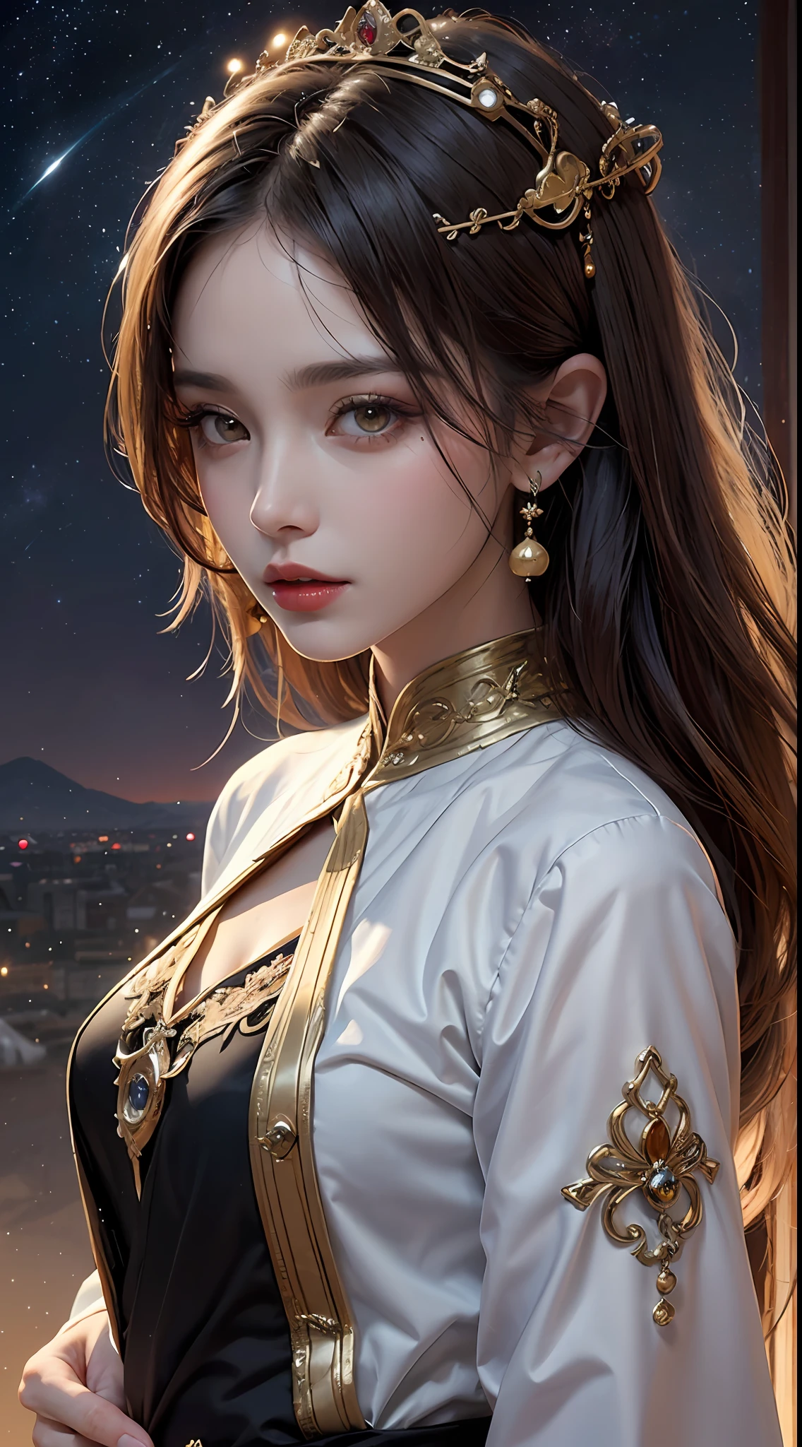 1 27-year-old girl, 1 zodiac goddess from the future, goddess of the pink and purple 12 zodiacs, the goddess of the zodiac in a yellow ao dai, a 12 zodiac ao dai with many black lace detail, mythology Goddess of the 12 zodiacs from the future, zodiac ♏, luxurious glittering zodiac style, dark and mysterious version, zodiac crown, lipstick lips red, thin and beautiful lips, mouth closed, characters made by karol bak and pino daeni, intricate detail, detailed background, extremely detailed, light magic, a woman, clear face, hair long with bangs, beautiful face in detail and well-proportioned eyes, (transparent yellow eyes: 1.8), big round eyes and very beautiful and detailed makeup, foresight, silk dress, mysterious makeup , double bangs and dyed light blonde , upper half portrait, zodiac goddess portrait, arms hanging loosely, Realistic and vivid photo, (stars make up the zodiac: 1.7), (sky background zodiac and fictitious space and time portal: 1.8), fiction art, RAW photo, hanfu picture, best photo, best photo quality, 8k quality, 8k ulta, super realistic, real photo most economical,